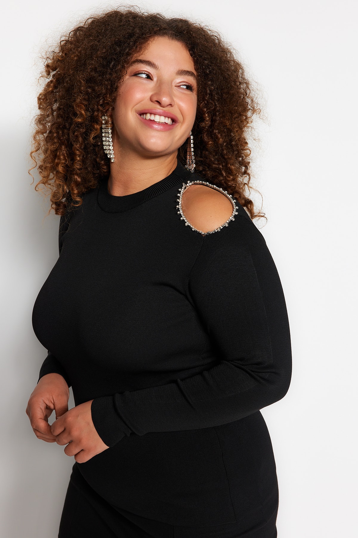 Trendyol Plus Size Black Shoulder Detailed Knitwear Blouse