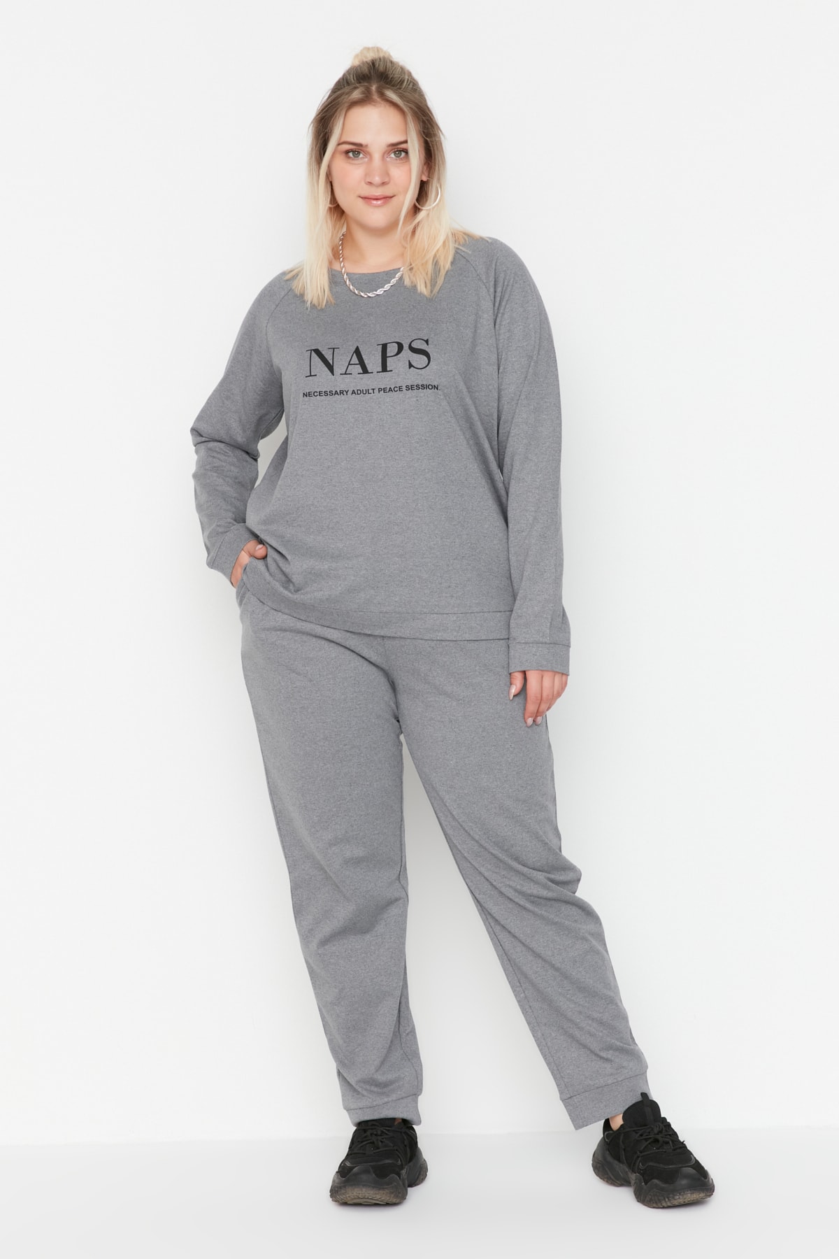 Trendyol Plus Size Gray Printed Knitted Pajamas Set