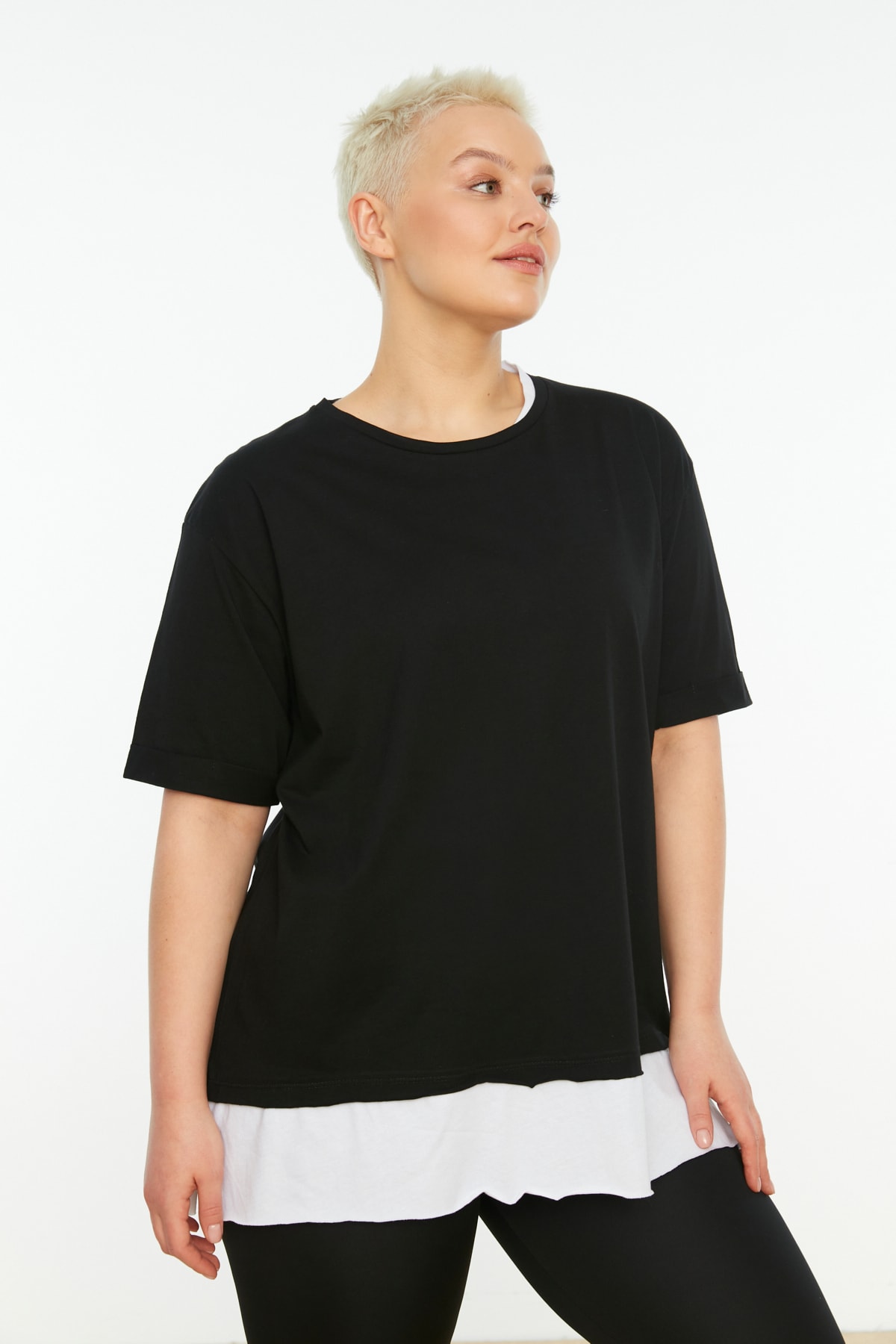 Trendyol Plus Size Black Boyfriend Knitted Single Jersey T-Shirt with Pieces Detailed