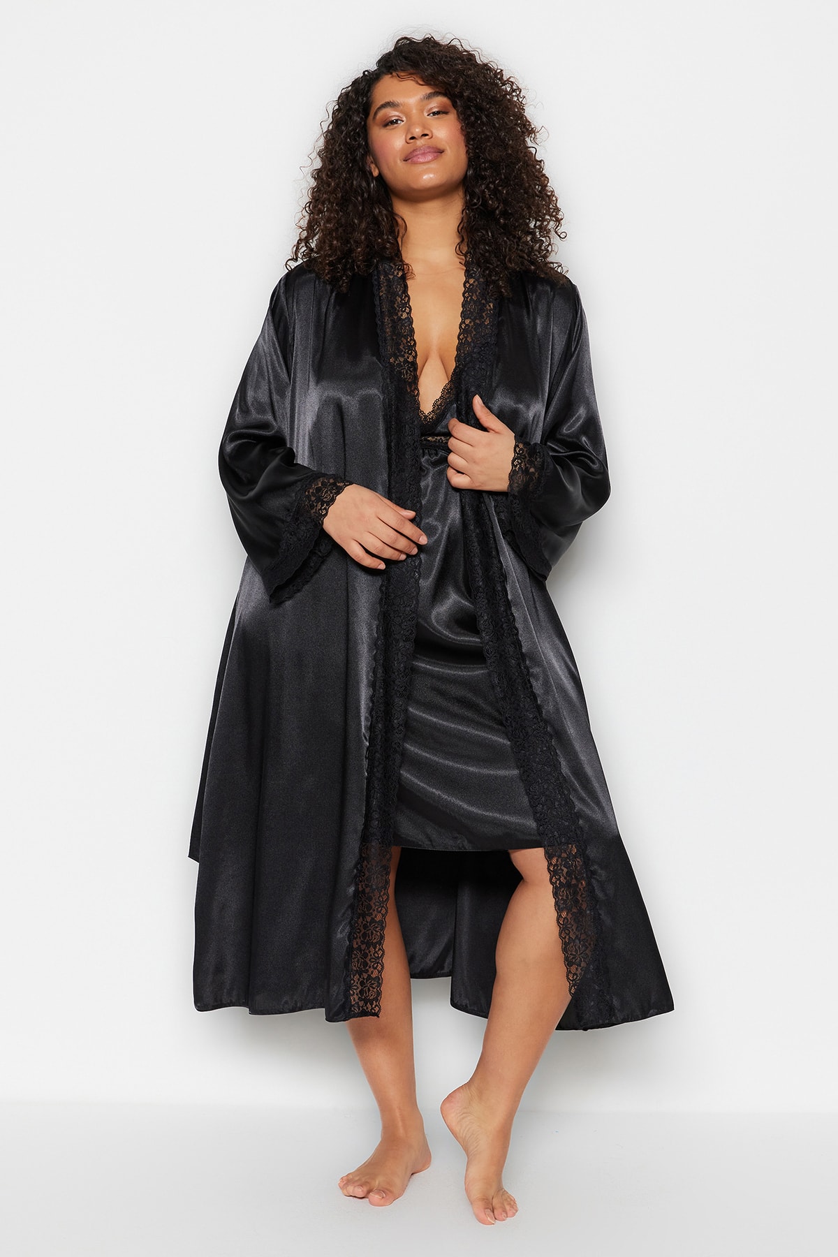Trendyol Plus Size Black Belted Satin Dressing Gown with Woven Lace