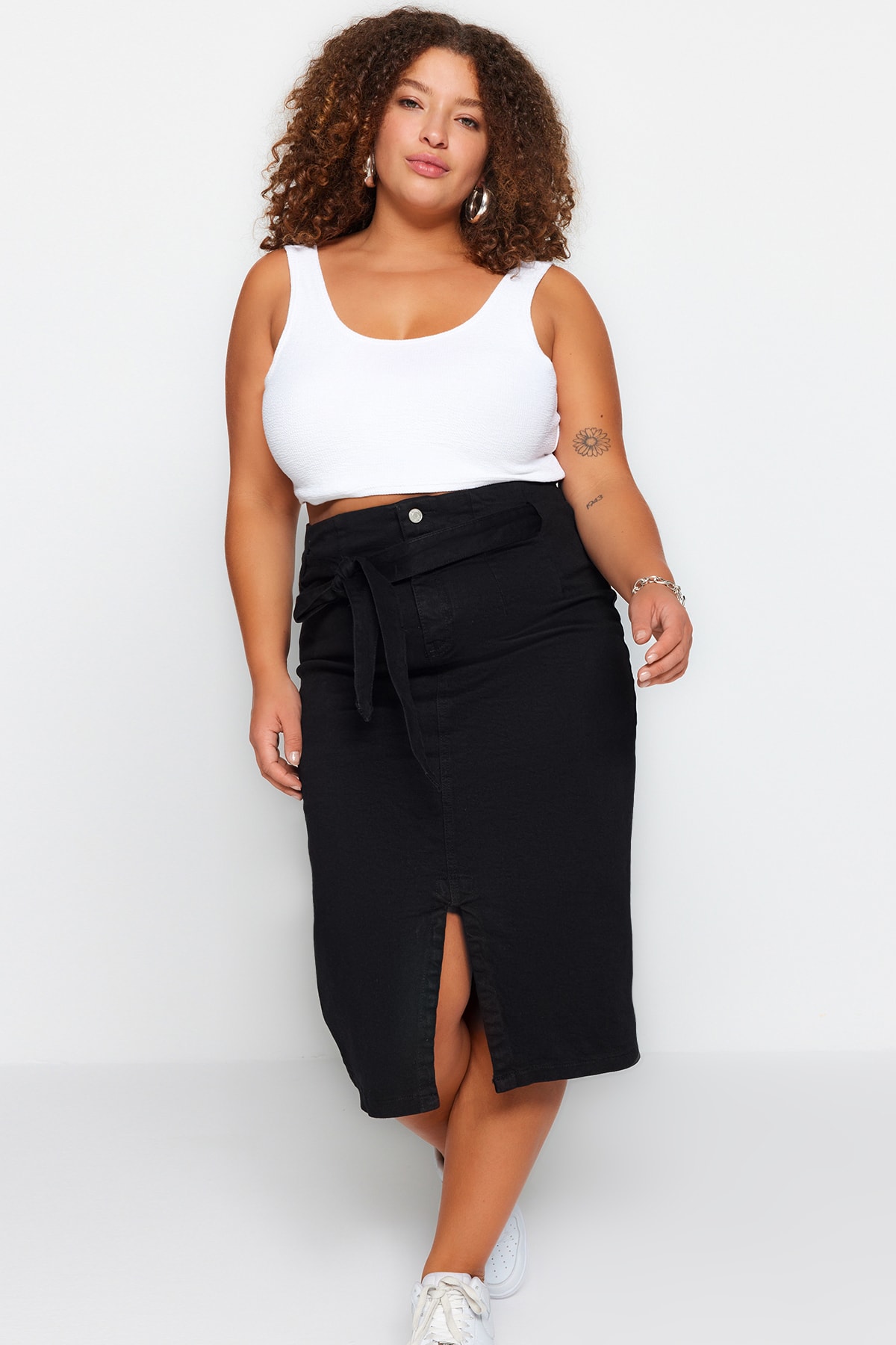 Trendyol Plus Size High Waist Slit Denim Midi Skirt