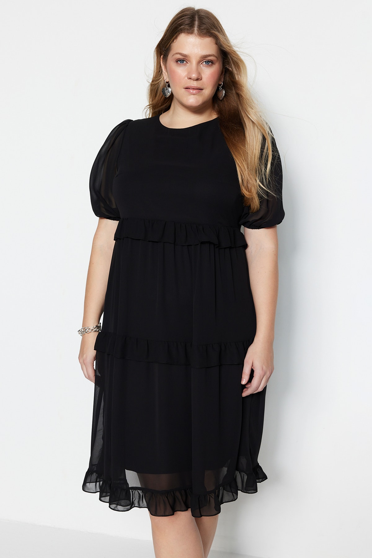 Trendyol Plus Size Black Tulle Detailed Woven Dress