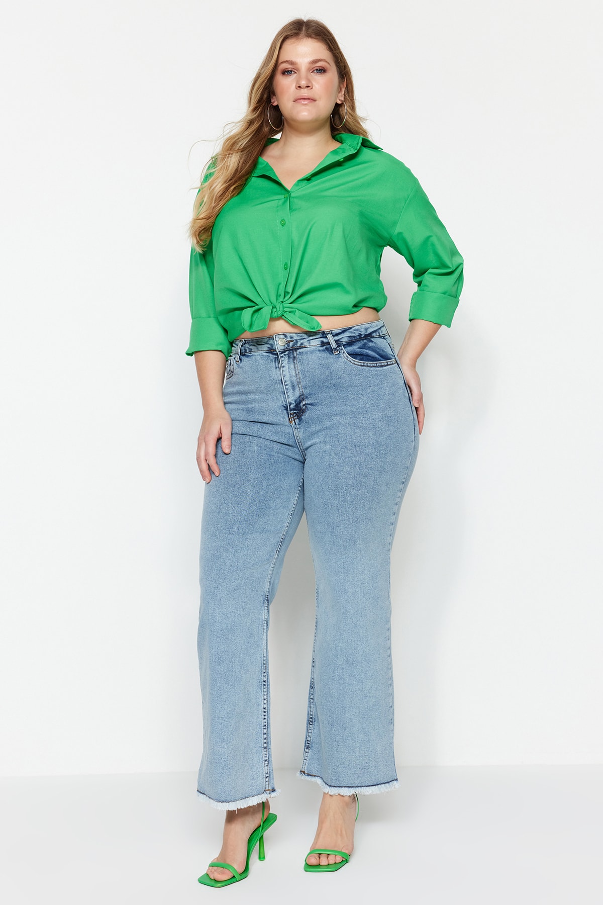 Trendyol Plus Size Light Blue High Waist Wide-Cut Jeans with Dirty Trim Detail