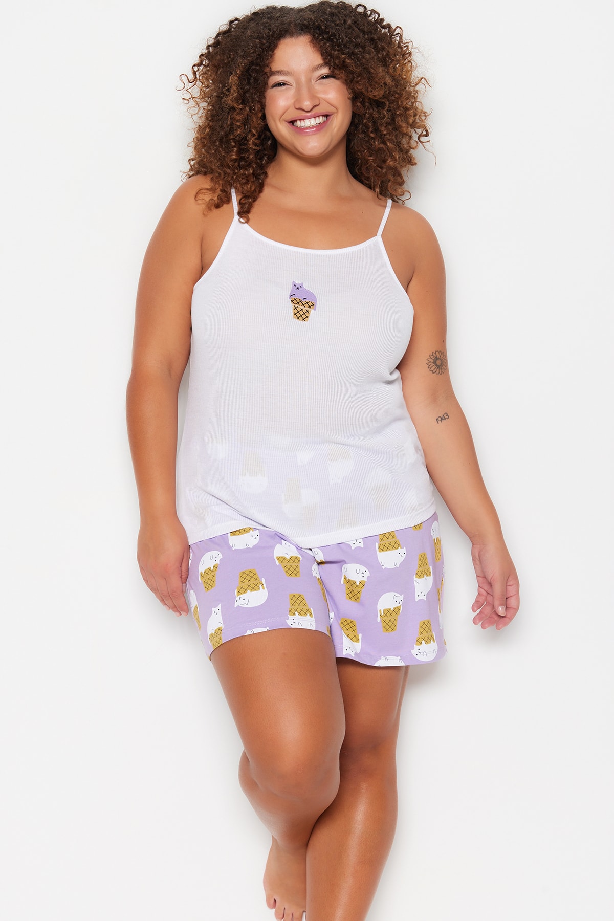 Trendyol Plus Size White Printed Halter Knitted Pajamas Set