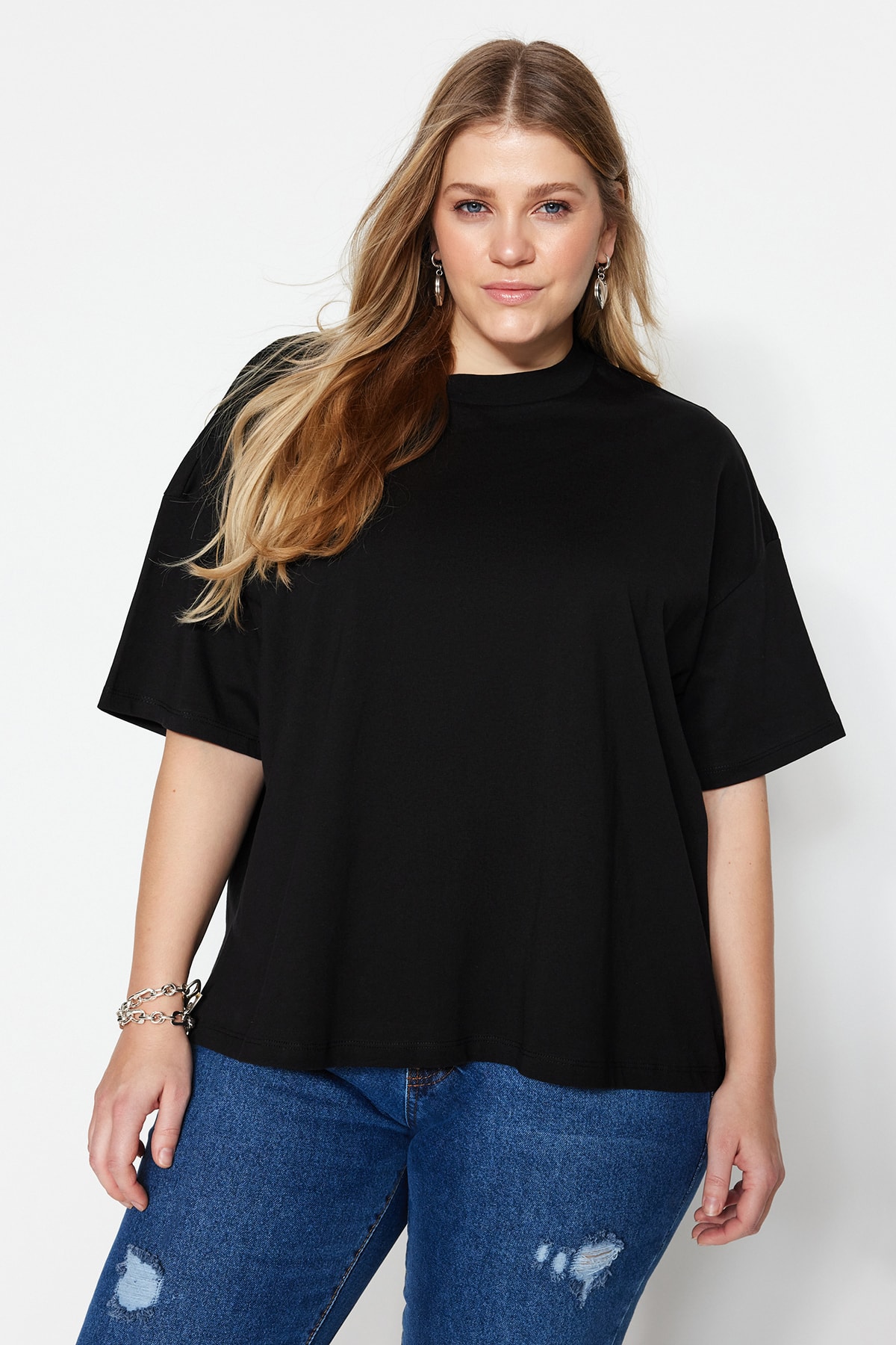 Trendyol Plus Size Black Collar with Ribbed Wide fit, Basic Knitted T-shirt