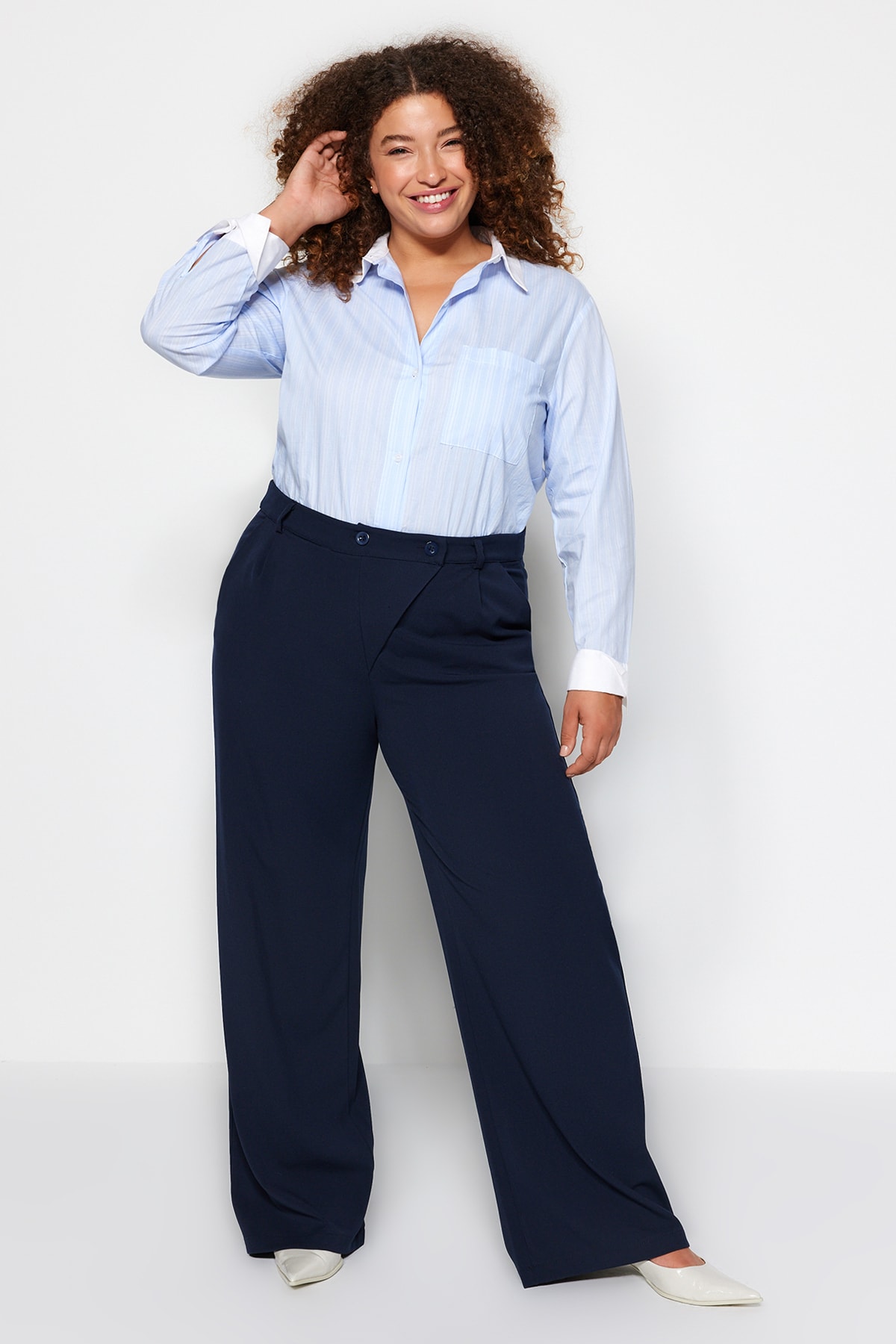 Trendyol Plus Size Navy Blue Double Buttoned Woven Trousers with Asymmetrical Pops