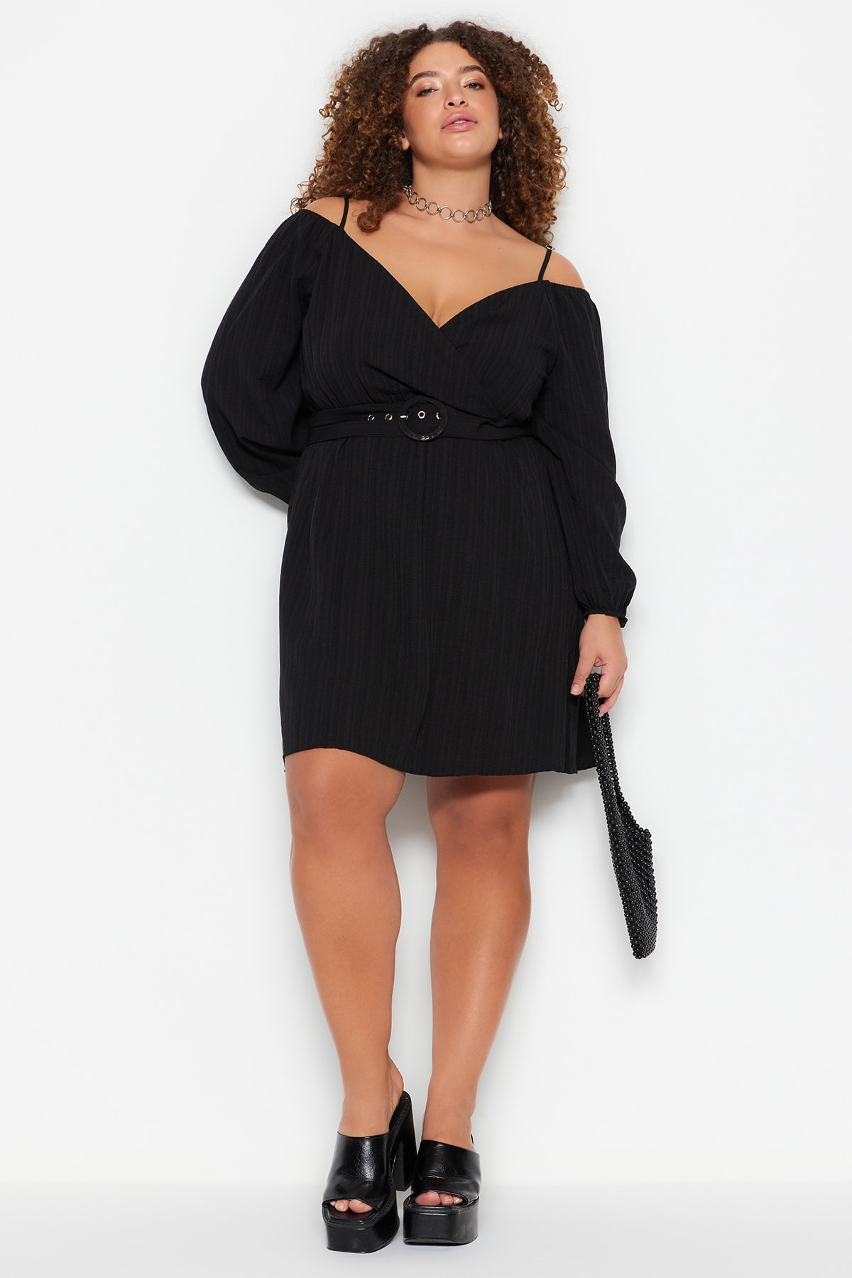 Trendyol Plus Size Black Woven Dress with a Belt, Double Breasted