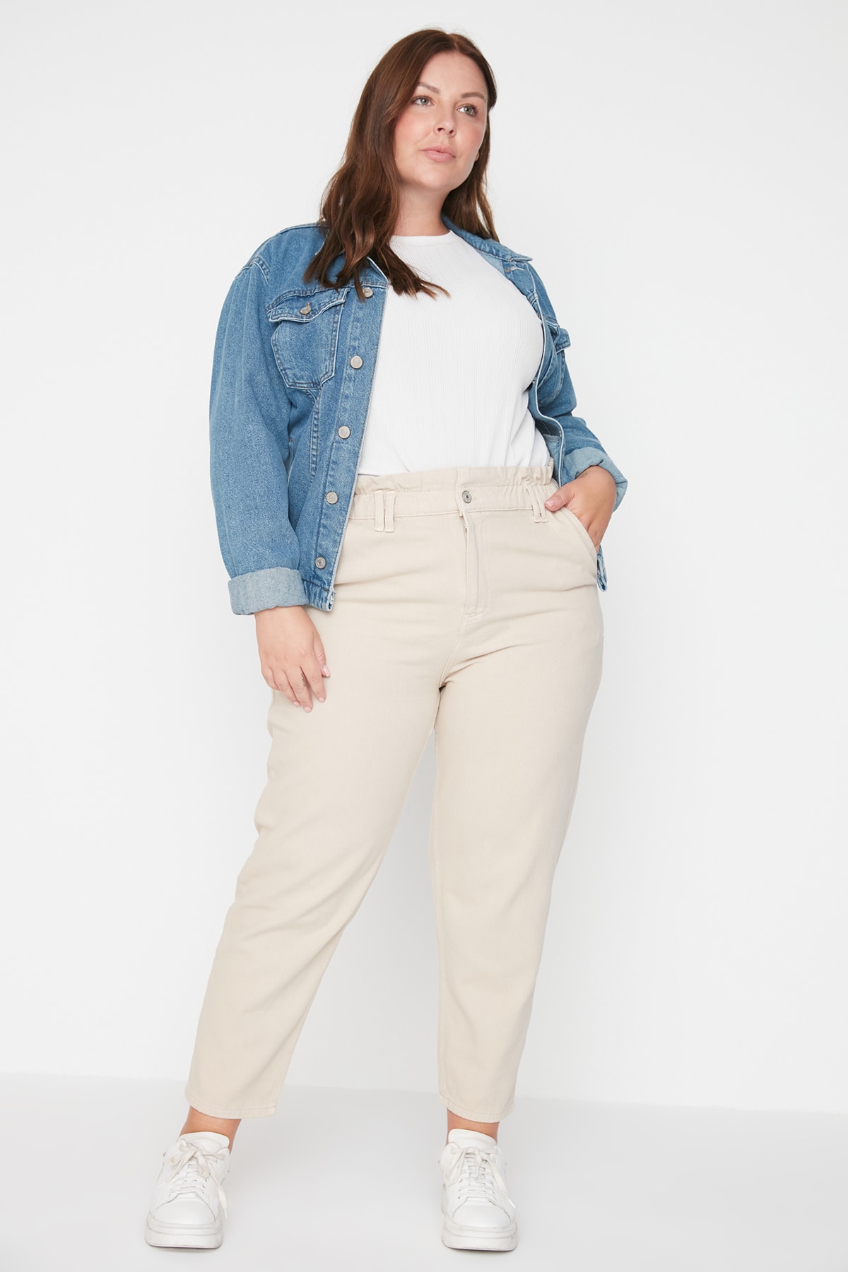 Trendyol Plus Size Beige High Waist Mom Jeans with Elastic Waist