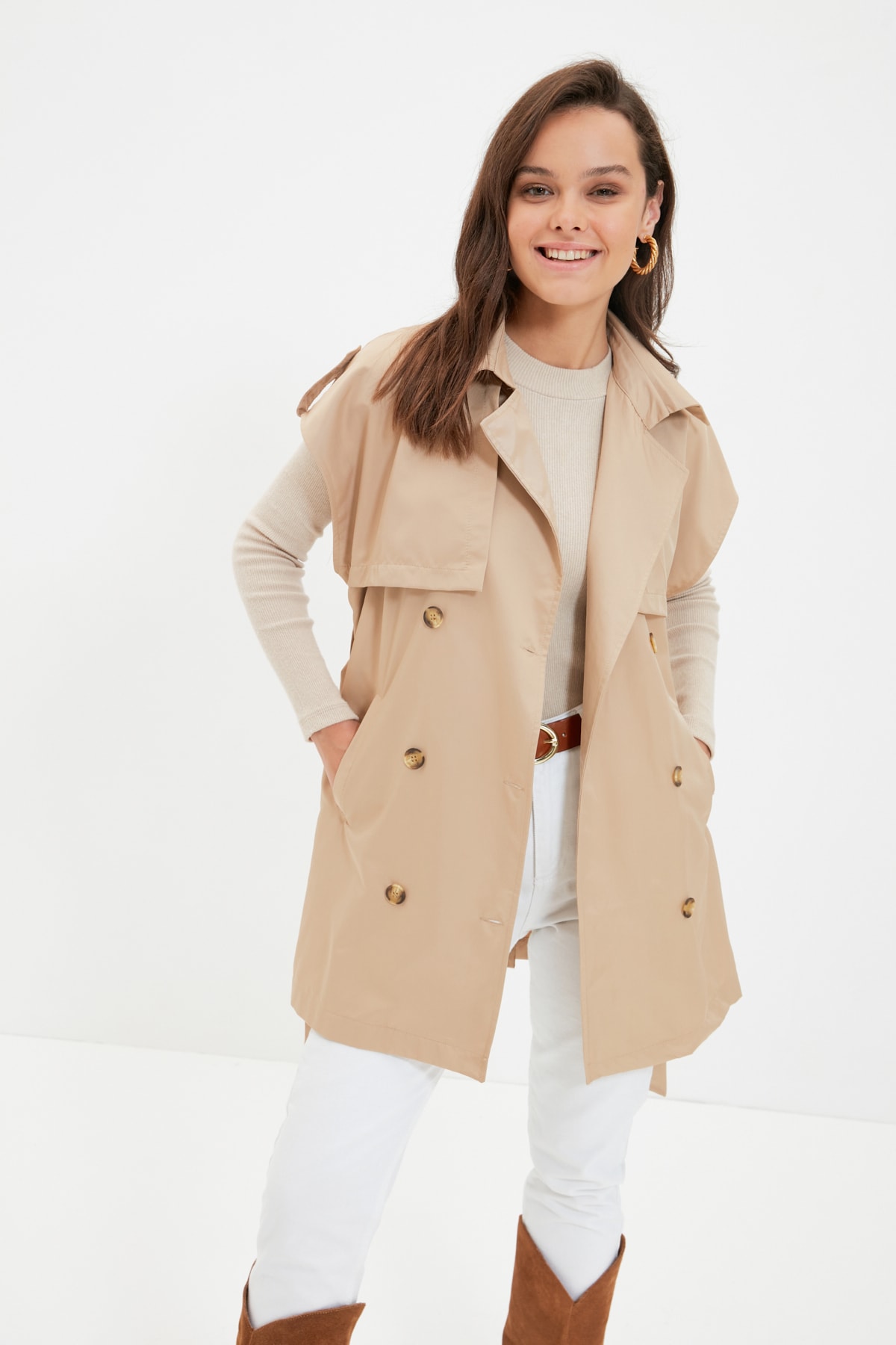 Trendyol Camel Belted Waist Double Pocketed Trench Coat