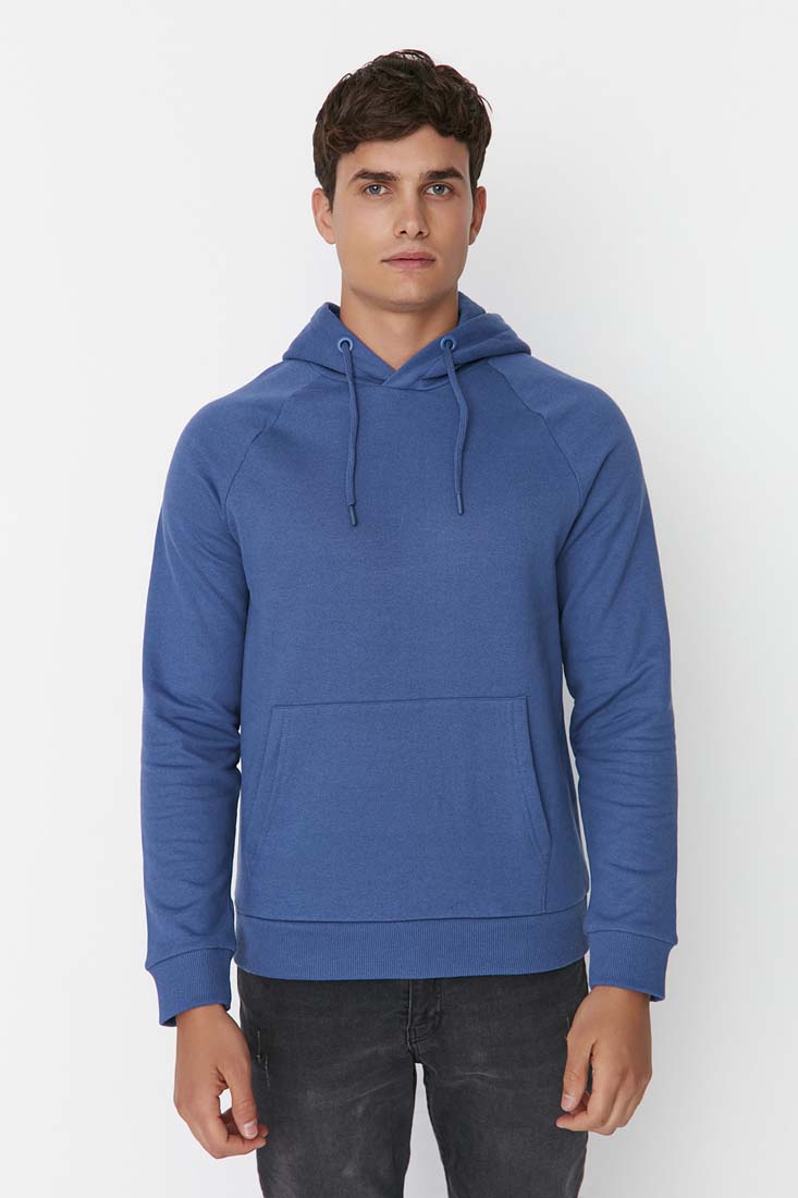 Trendyol Navy Blue Men's Basic Regular/Normal Cut Hoodie with Raglan Fleece Fleece Sweatshirt