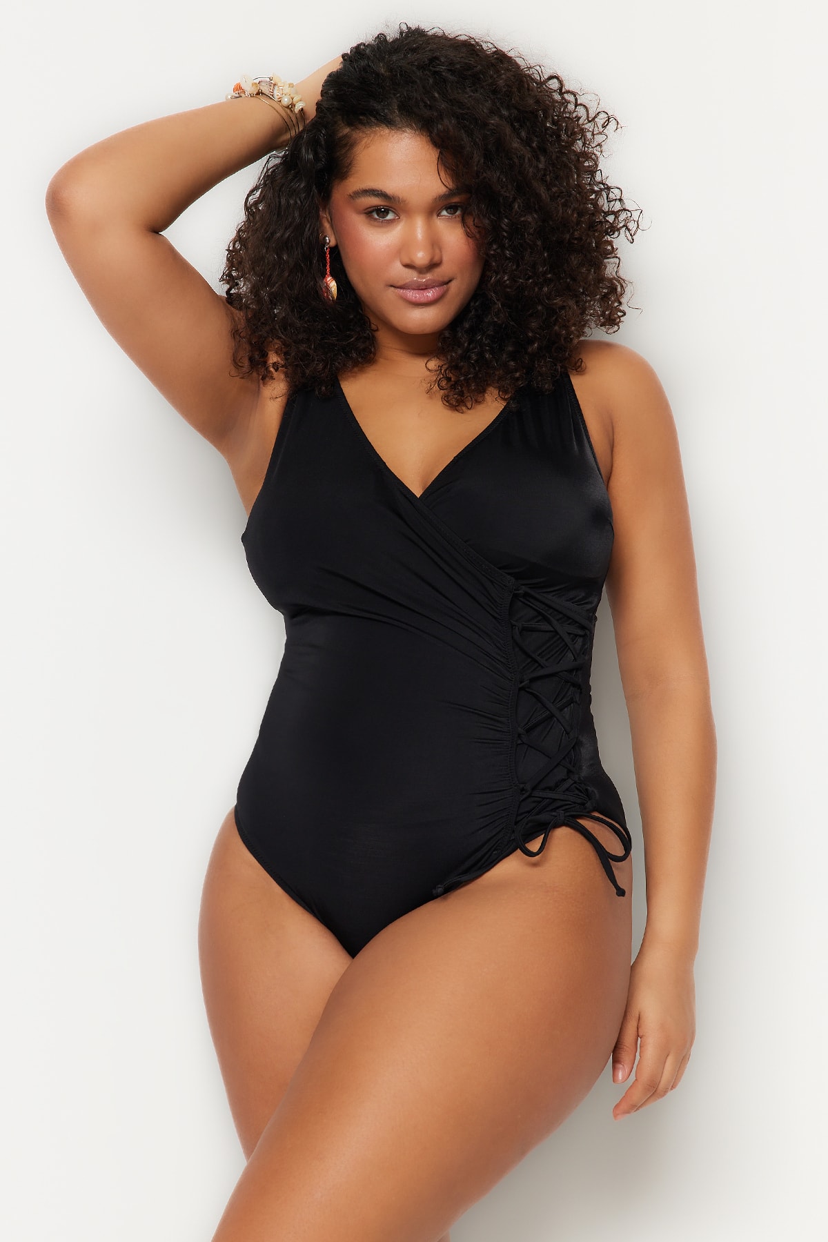 Trendyol Plus Size Black Double Breasted Tie Detailed Swimsuit