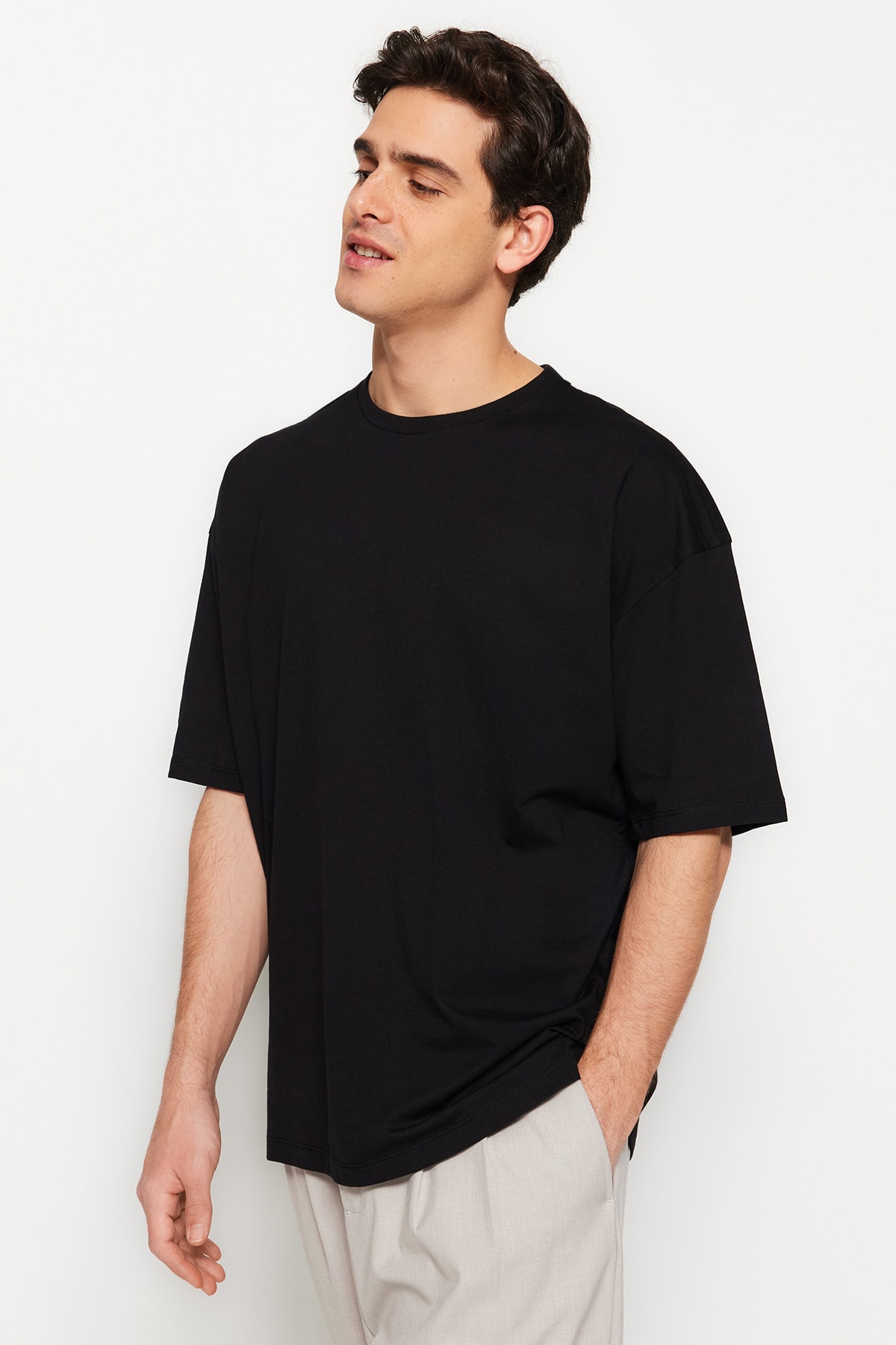 Trendyol Black Men's Oversize/Wide Cut Crew Neck Short Sleeve Art Print 100% Cotton T-Shirt.