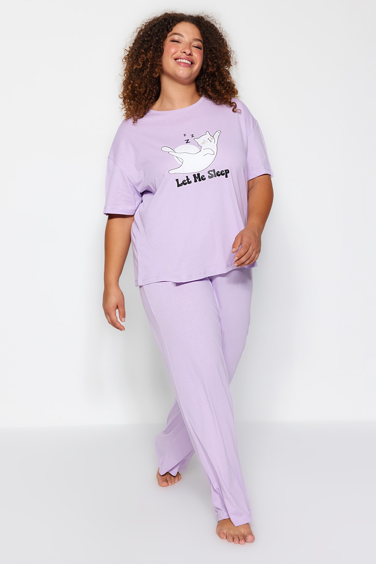 Trendyol Plus Size Lilac Printed Knitted Pajamas Set