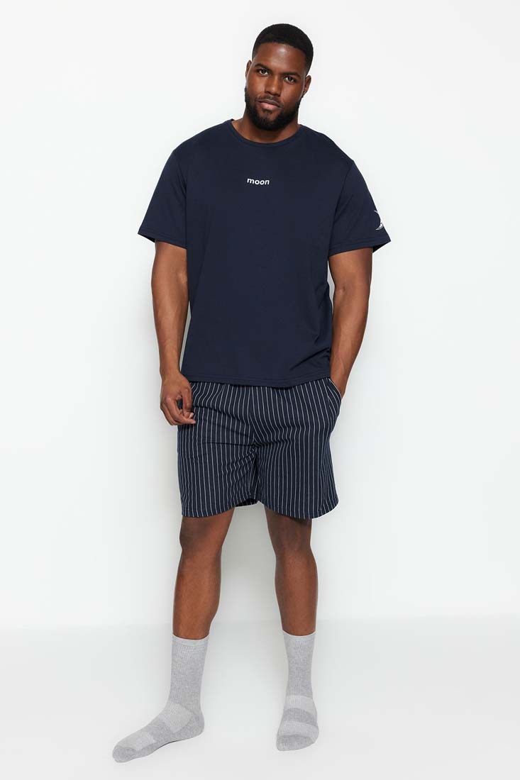 Trendyol Navy Blue Men's Plus Size Regular/Regular Cut, Comfortable Printed Pajamas Set