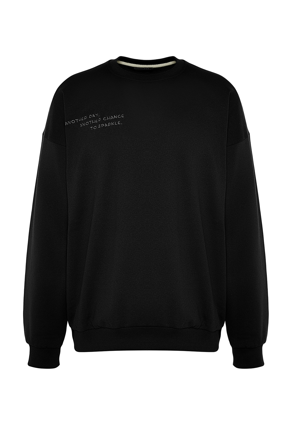 Trendyol Men's Black Oversize/Wide-cut Sweatshirt with Text Embroidery, Fleece Inside.