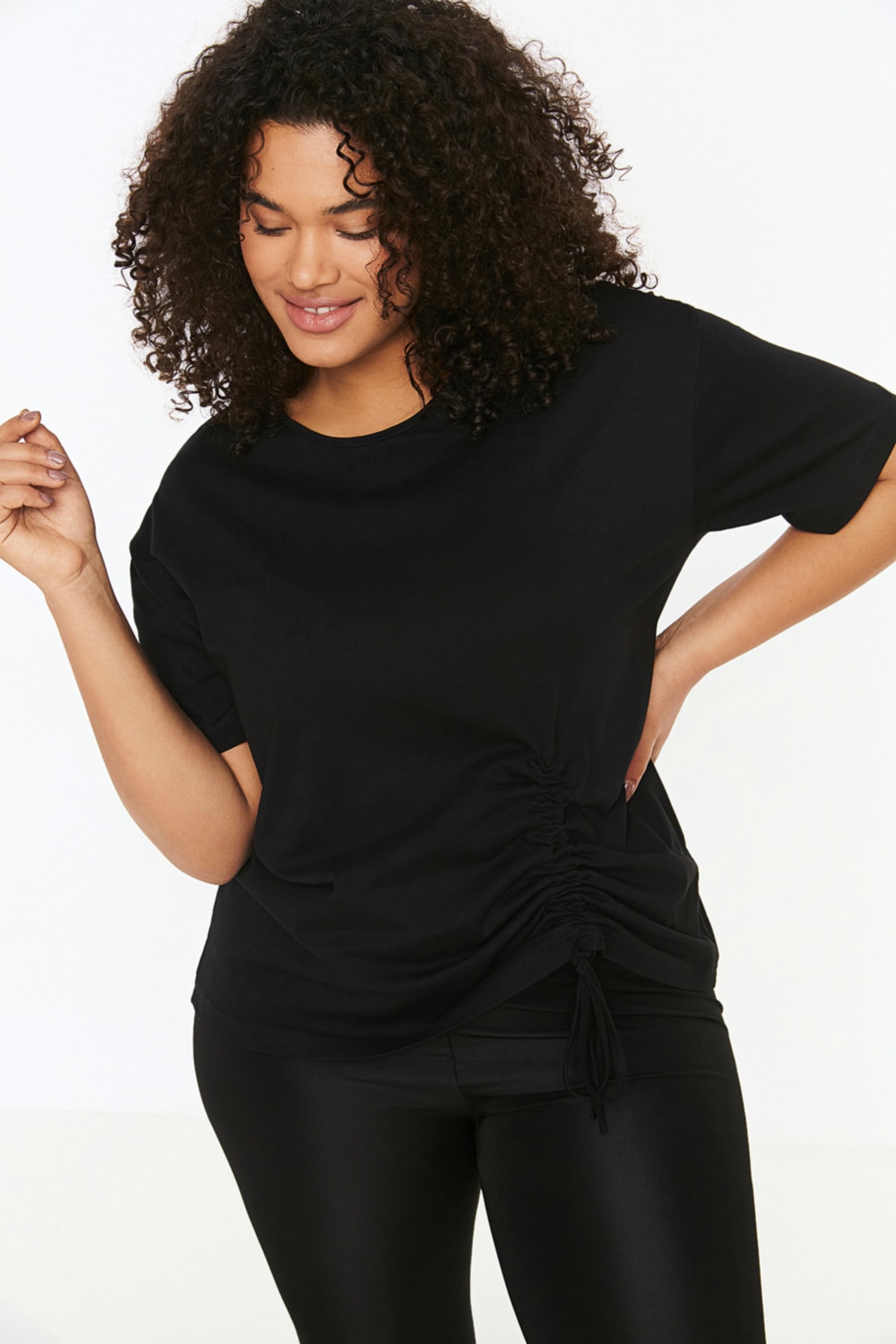 Trendyol Plus Size Black Knitted Shirring T-Shirt