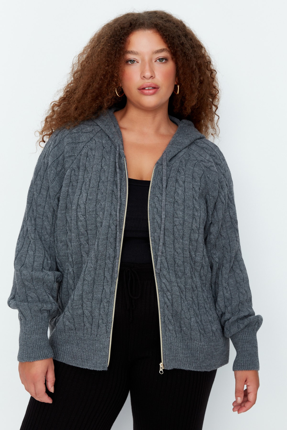 Trendyol Plus Size Anthracite Zippered Tricot Cardigan