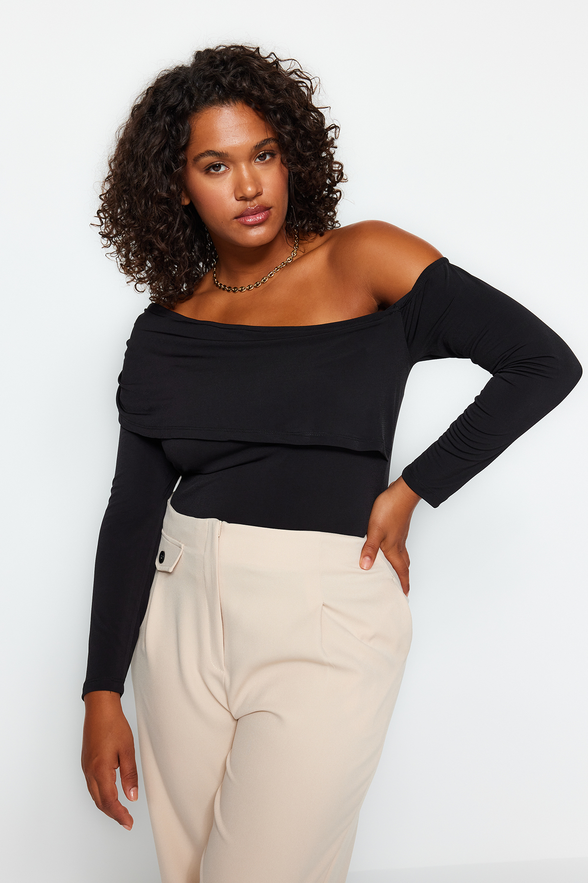 Trendyol Plus Size Black Sandy Knitted Blouse With Asymmetrical Collar