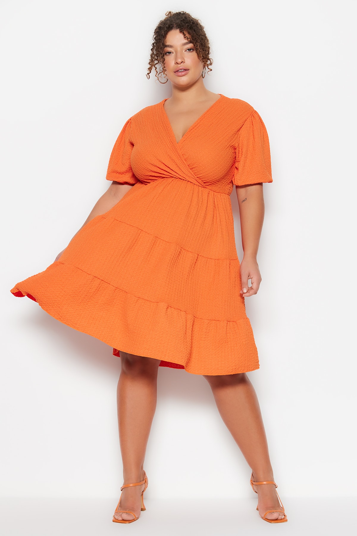 Trendyol Plus Size Light Orange Double Breasted Knitted Dress