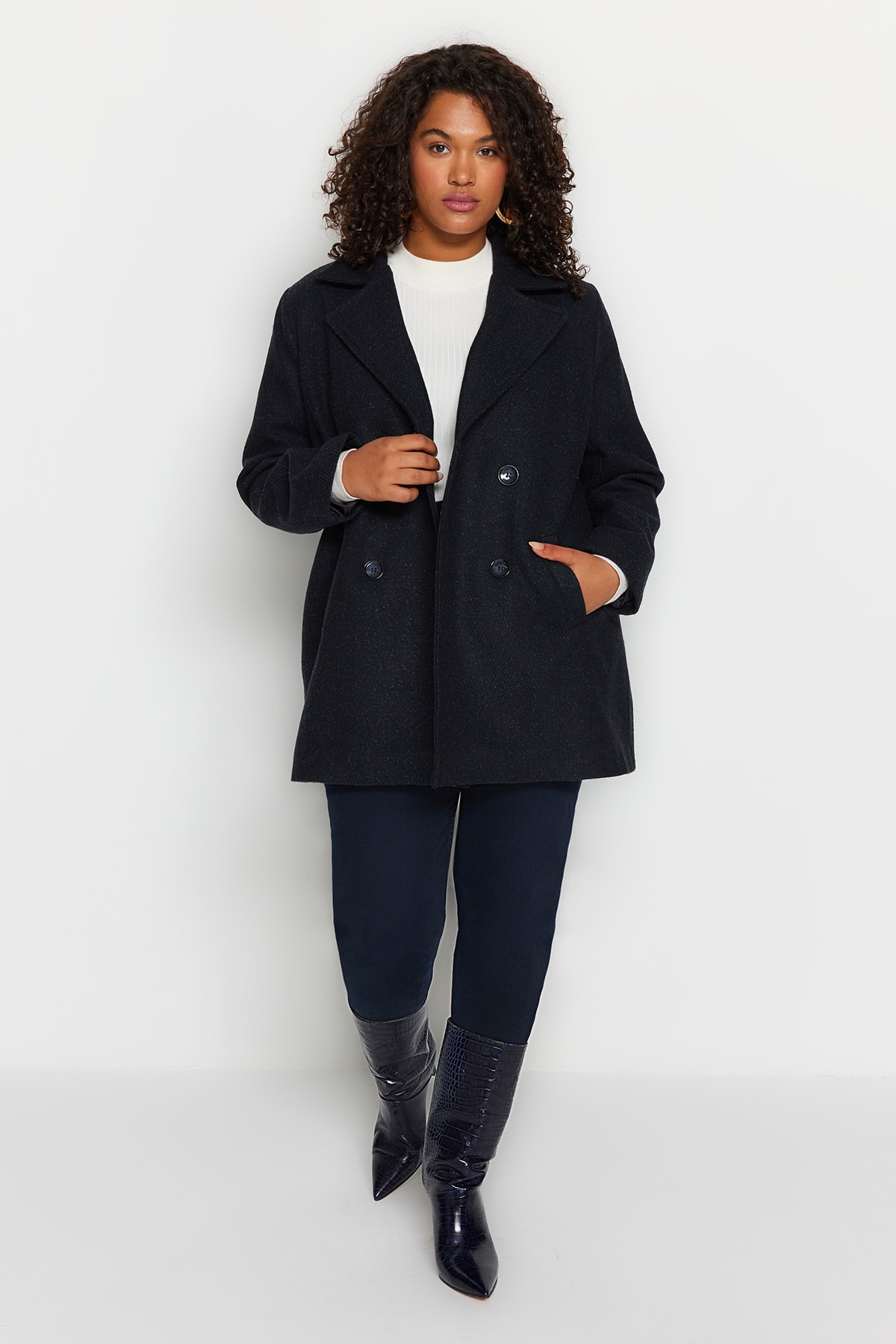 Trendyol Plus Size Navy Blue Lined Double Closed Stamp Coat