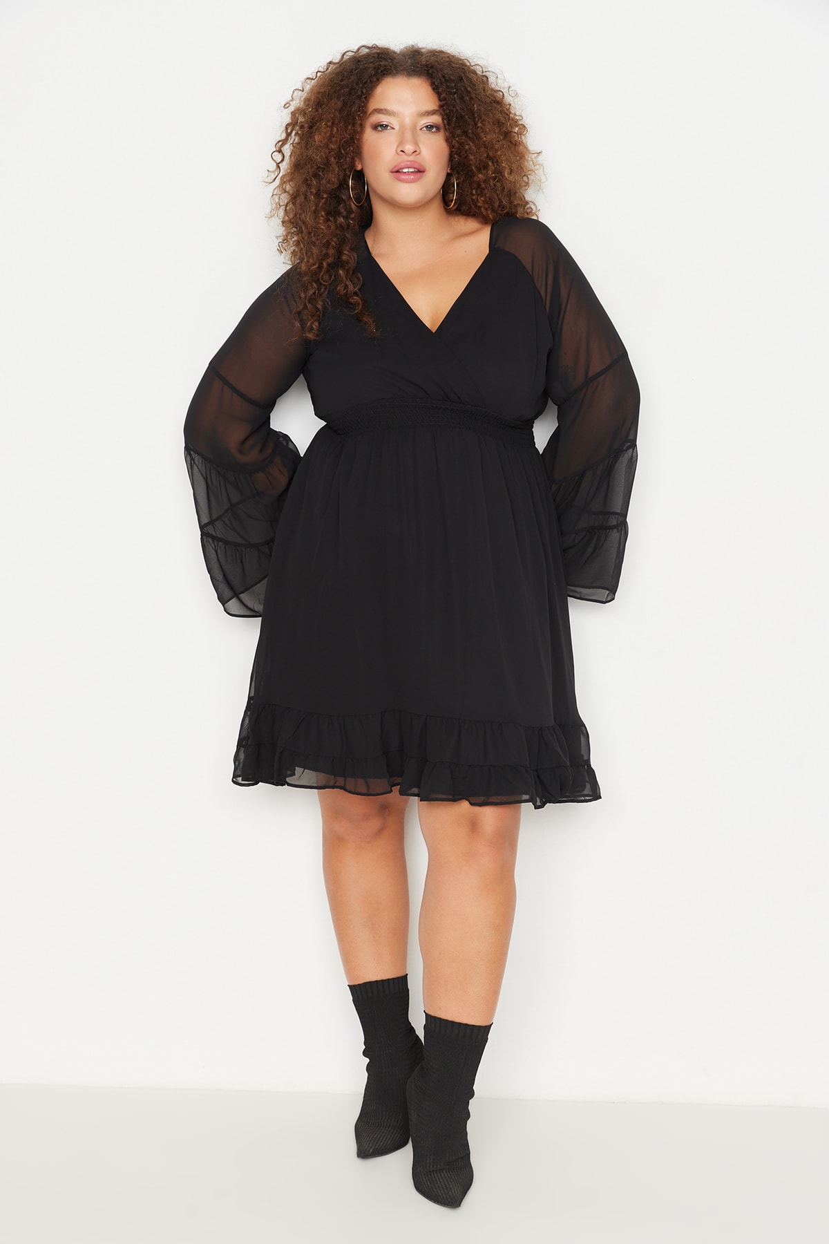 Trendyol Plus Size Black V-Neck Gipe Detail Chiffon Woven Dress