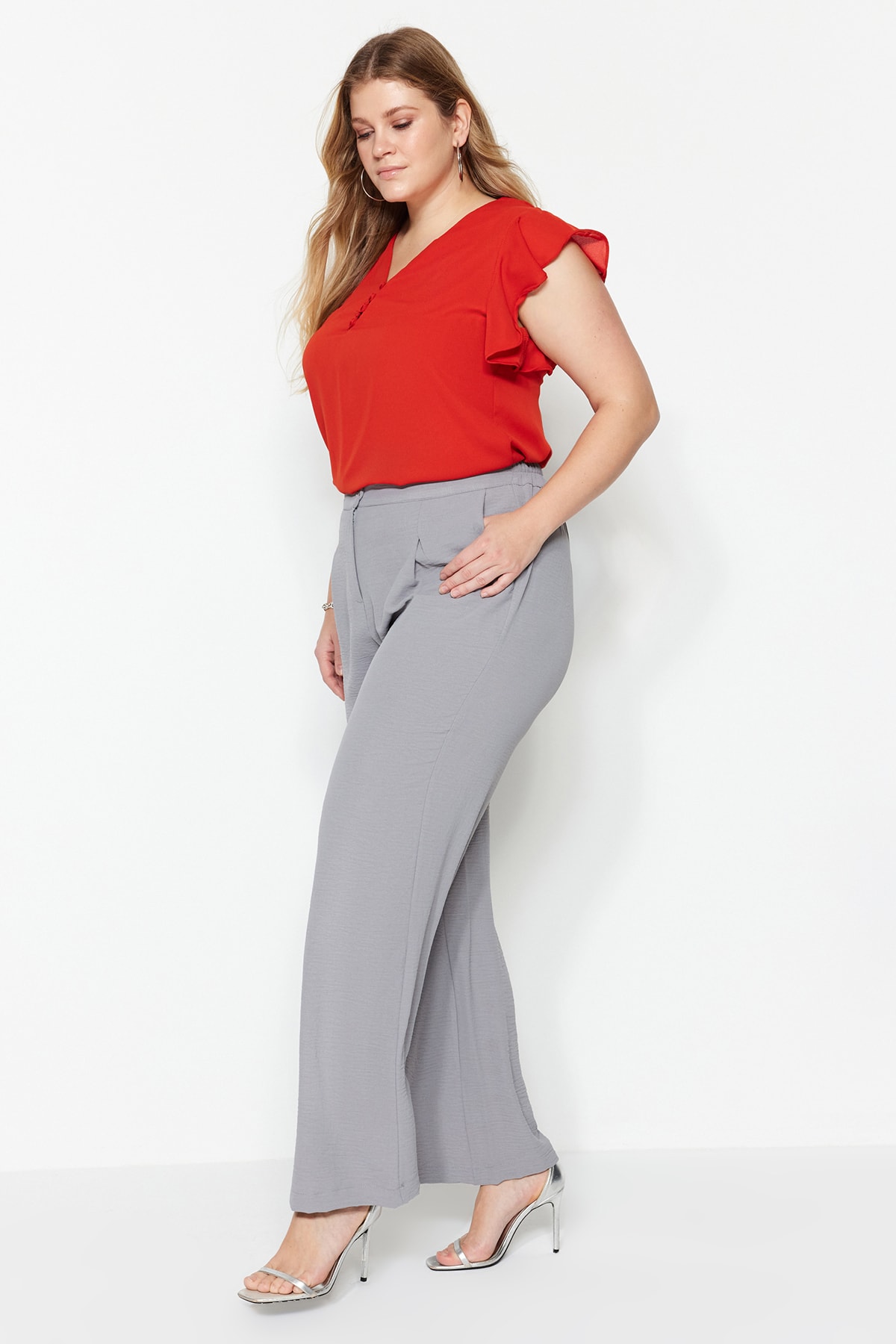 Trendyol Plus Size Gray Melange High Waist Pleated Woven Trousers
