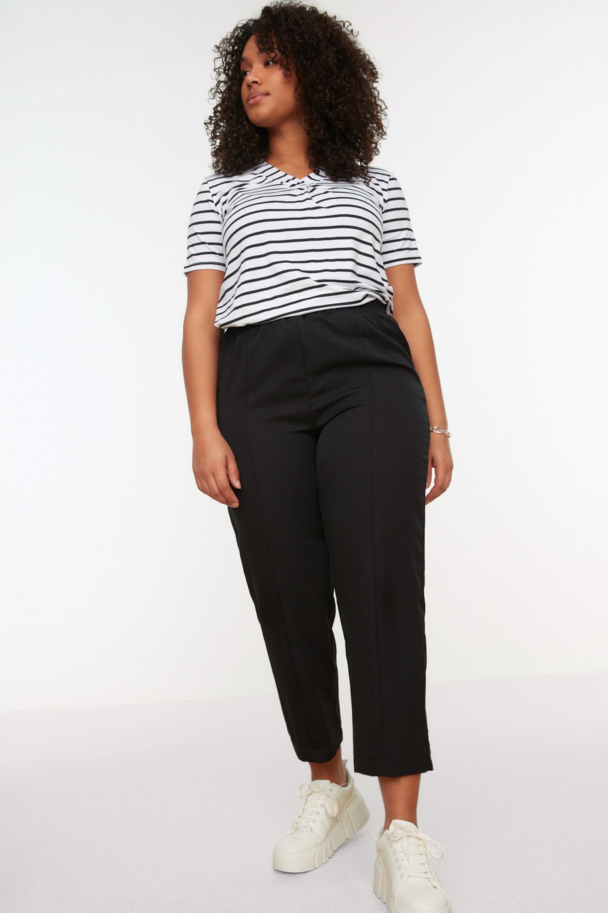 Trendyol Plus Size Black Carrot Fit Trousers with an Elastic Waist