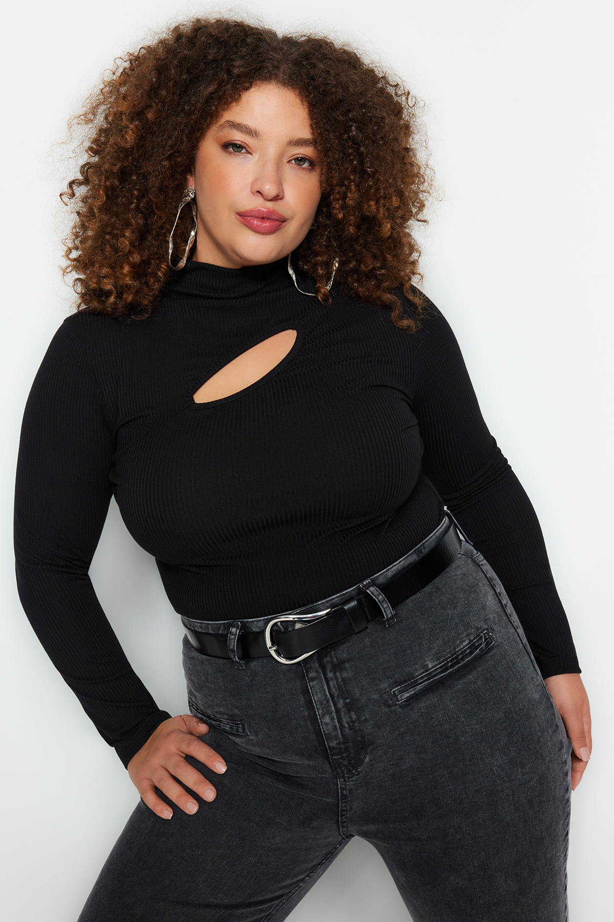 Trendyol Plus Size Black Stand-Up Collar Knitted Blouse with Window/Cut-Out Detail