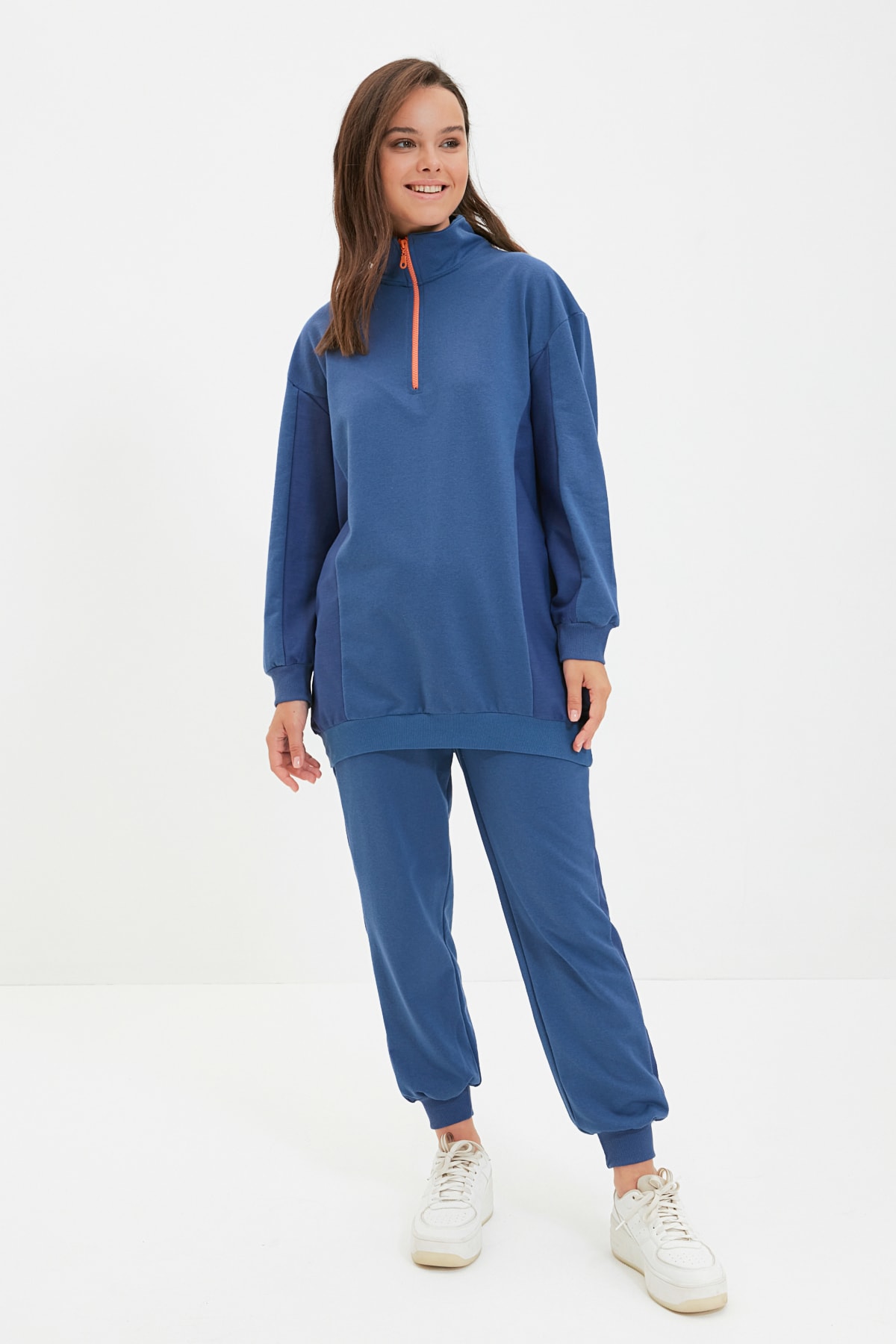 Trendyol Navy Blue Stand-Up Collar Zippered With Color Block, Soft Pile Inside, Thick Knitted Tracksuit Set