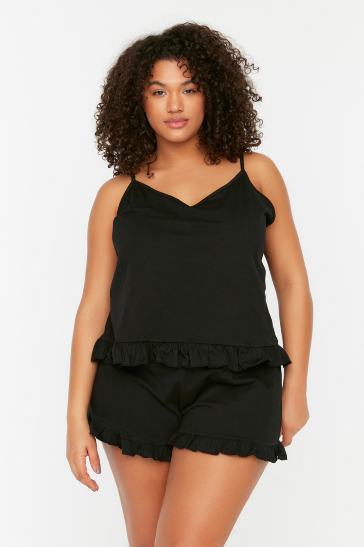 Trendyol Plus Size Black Hanger Knitted Ruffle Detailed Pajamas Set
