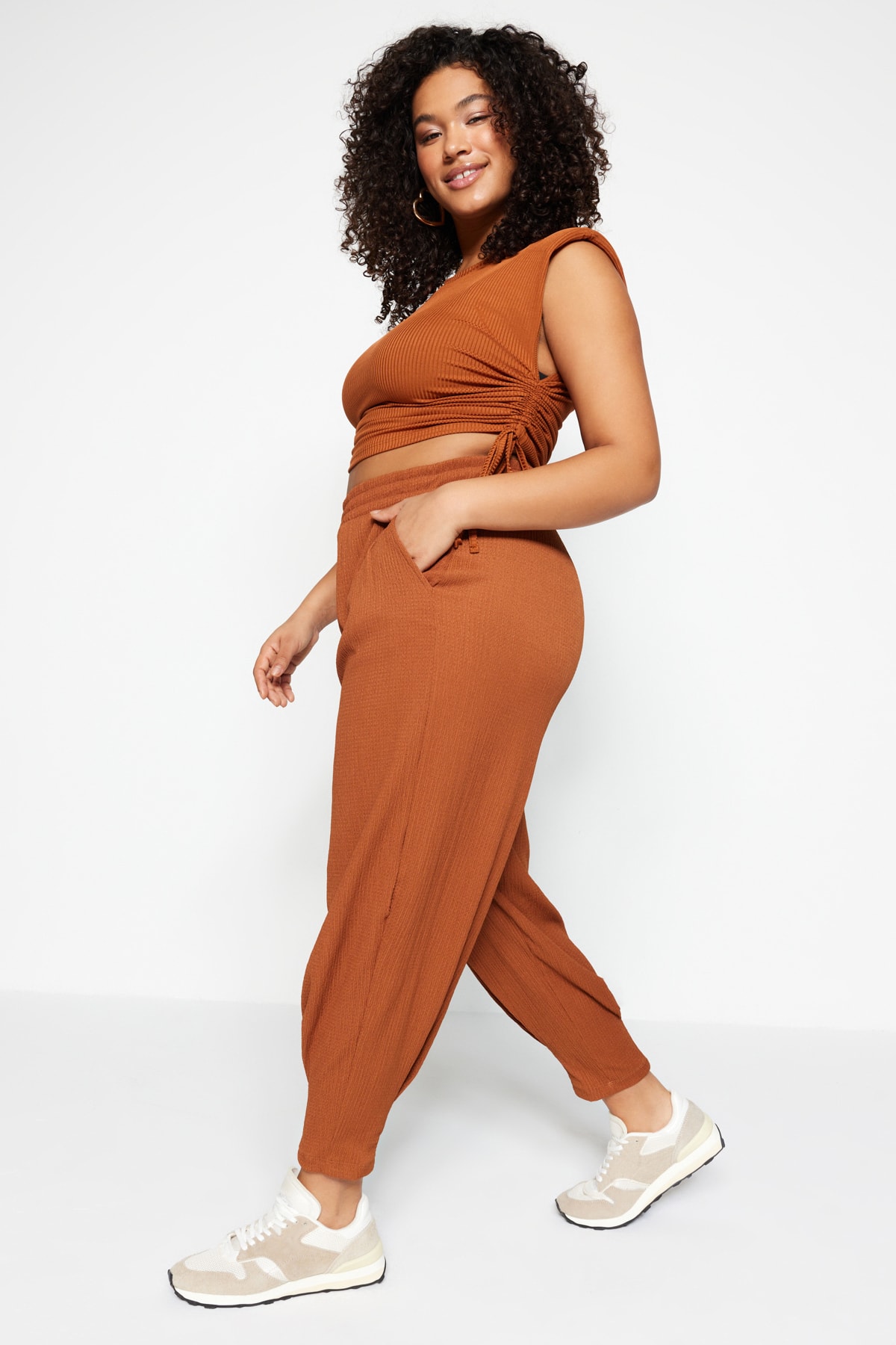 Trendyol Plus Size Tile Carrot Fit Trousers with Knitted Elastic Waist