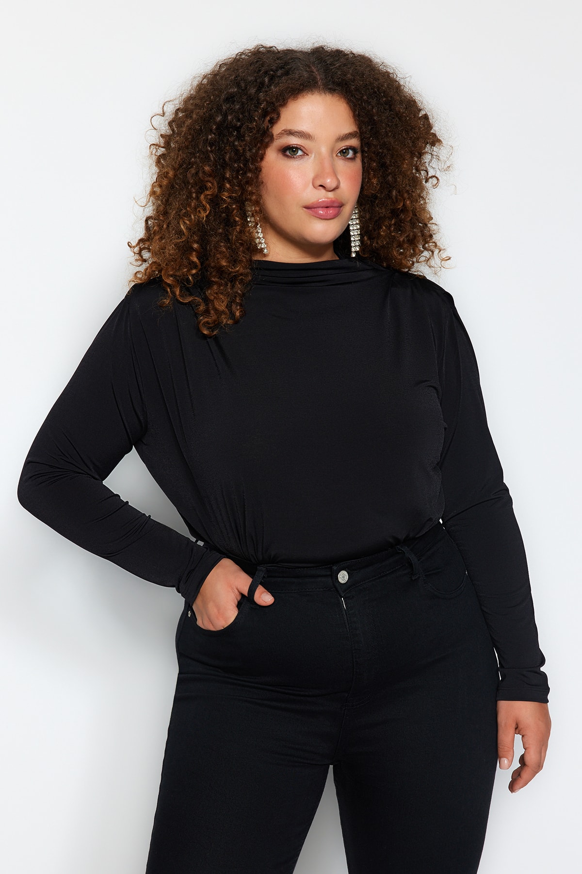 Trendyol Plus Size Black Knitted Blouse with Padded Sleeves