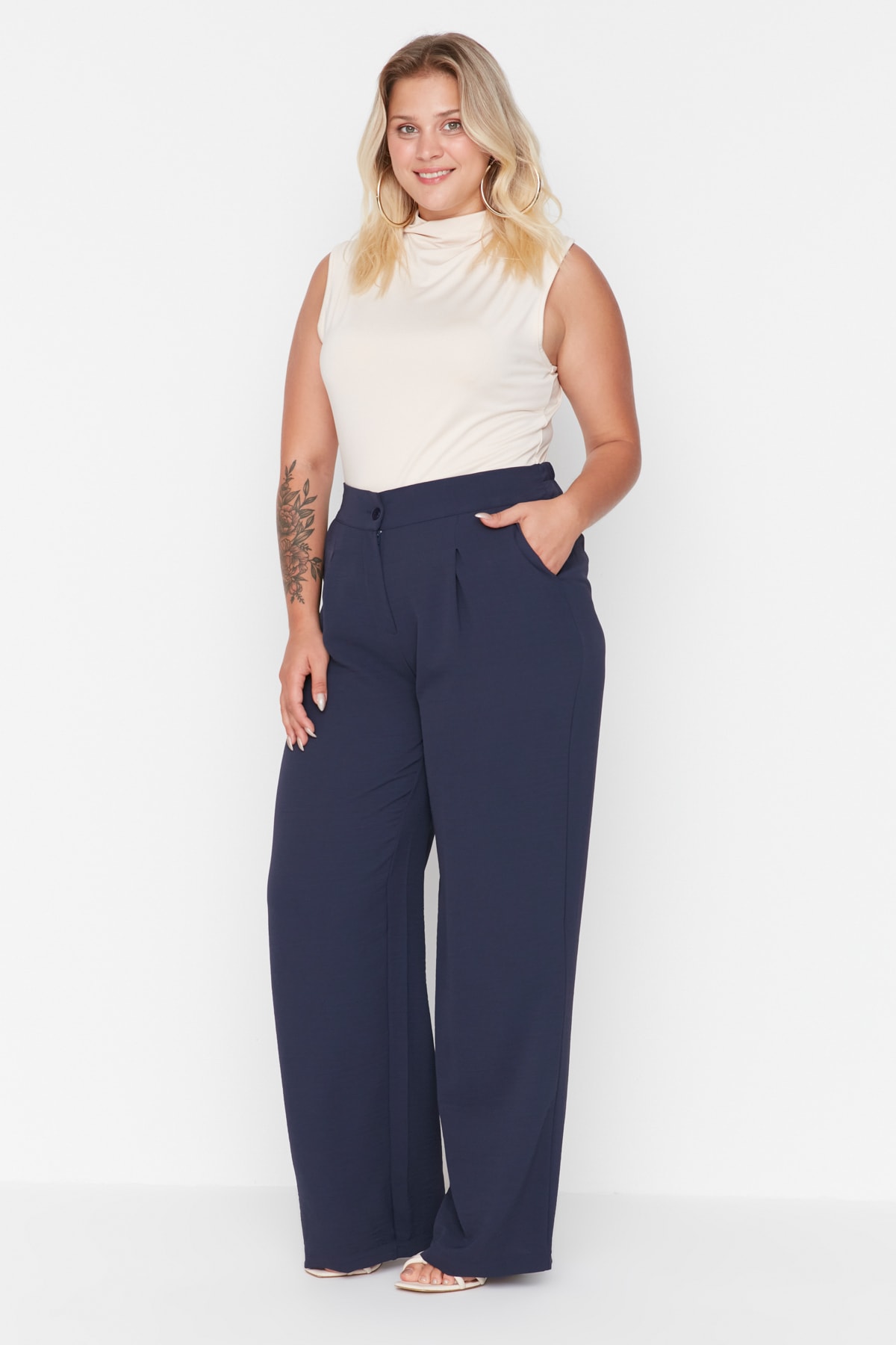 Trendyol Plus Size Navy Blue High Waist Pleated Woven Trousers