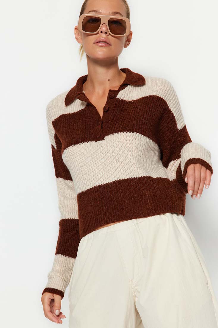 Trendyol Collared Color Block Knit Sweater