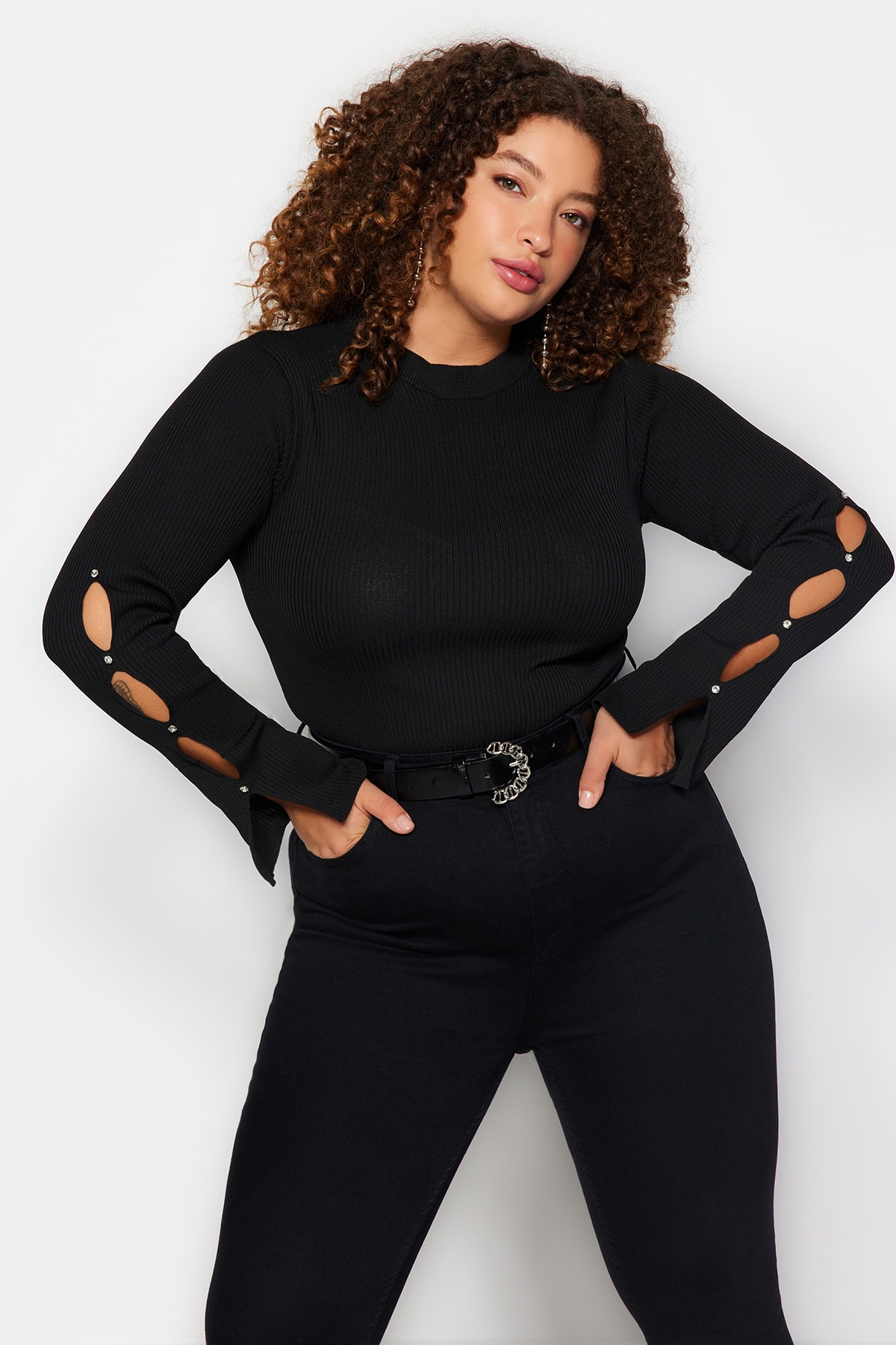 Trendyol Plus Size Black Sleeve Detailed Knitwear Blouse