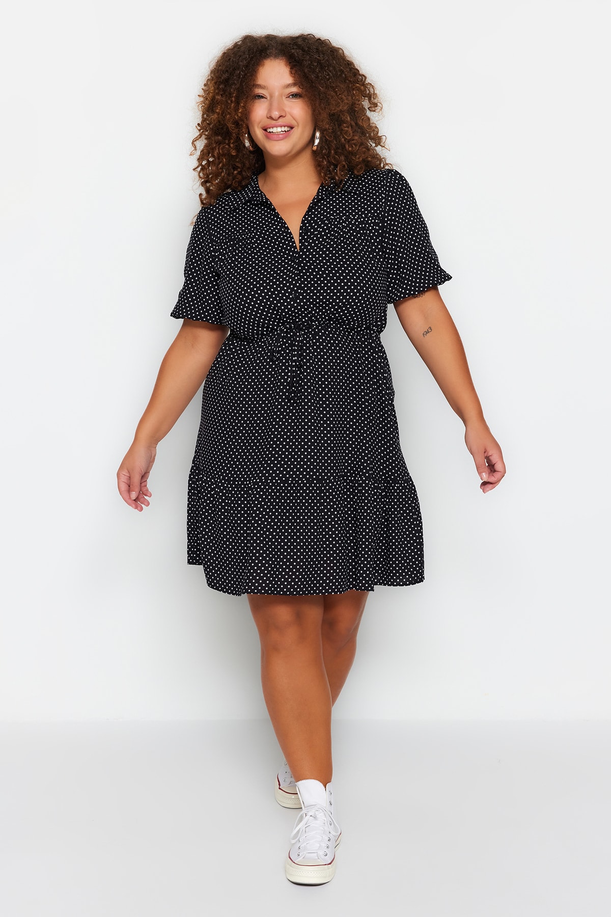 Trendyol Plus Size Black Polka dots Woven Shirt Dress