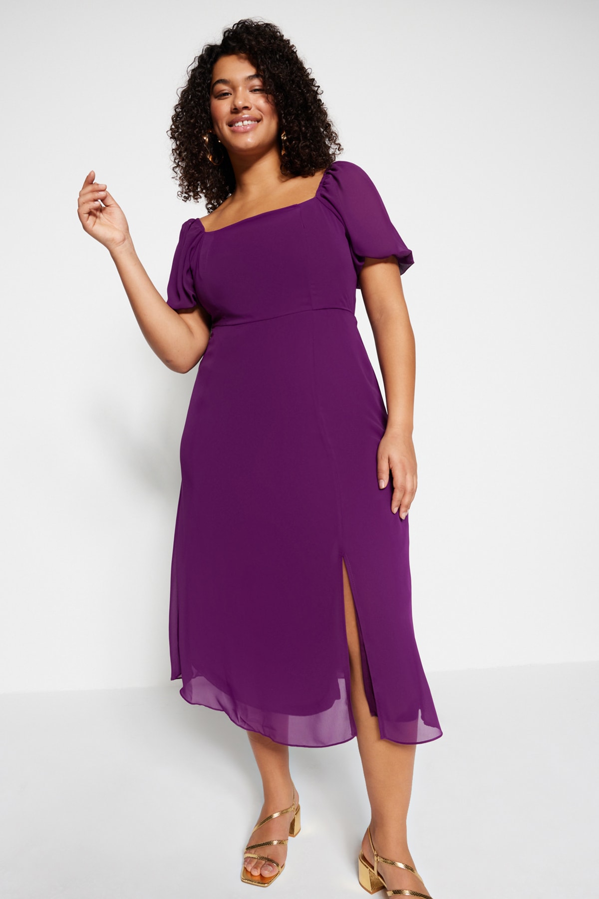 Trendyol Plus Size Purple Plain A-line Midi Weave Dress