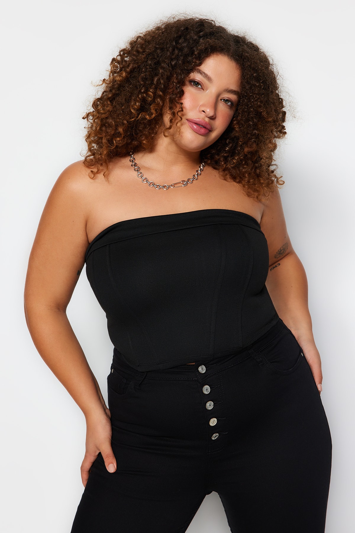 Trendyol Plus Size Strapless Black Knitted Blouse