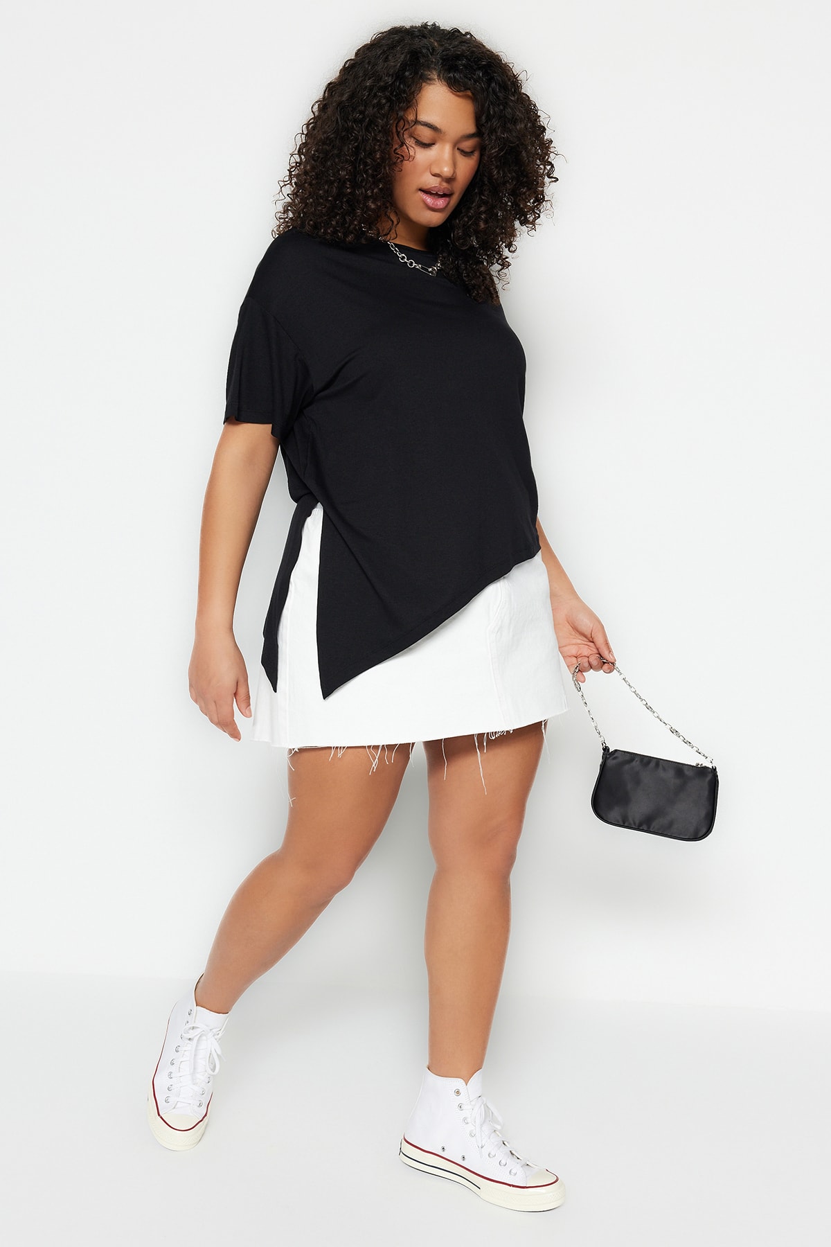 Trendyol Plus Size Black Knitted Skirt With A Slit Asymmetrical Blouse