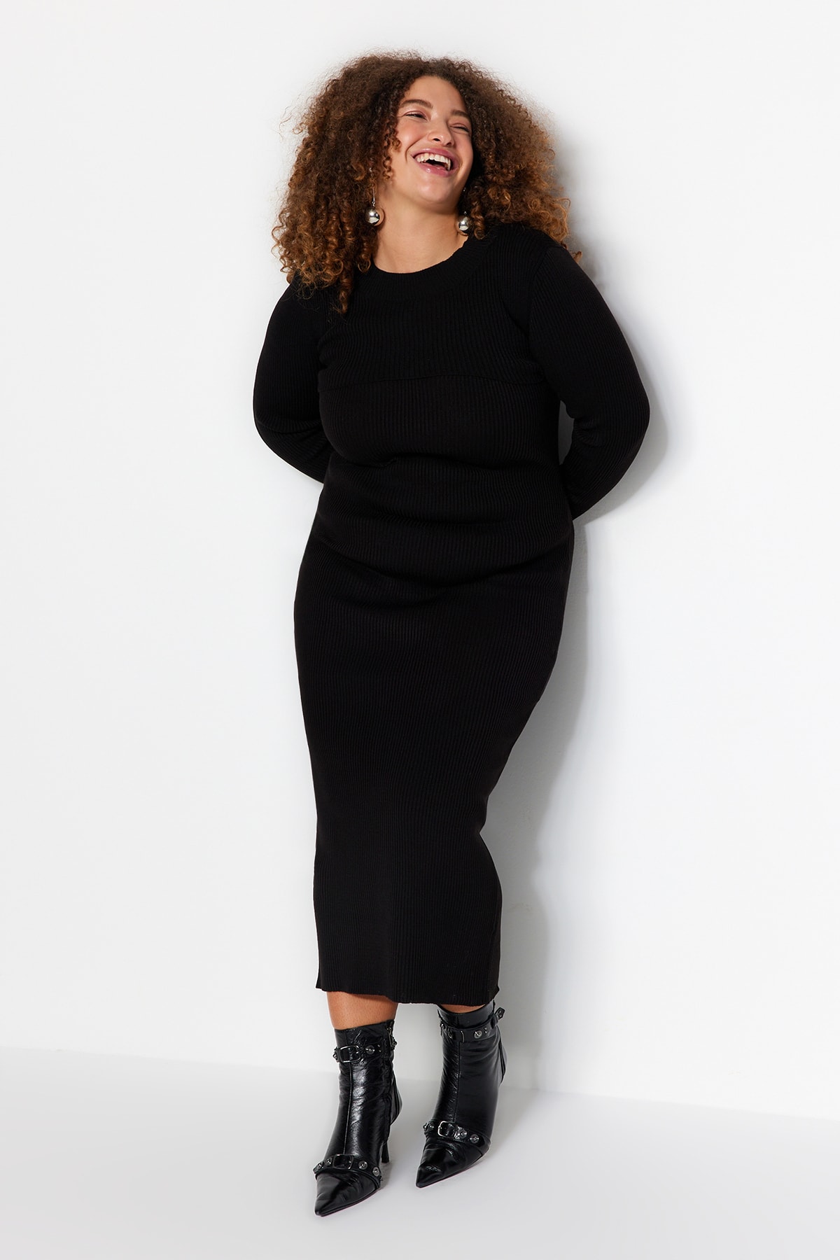 Trendyol Plus Size 2-Piece Black Fine-knit Dress With Detachable Sweater