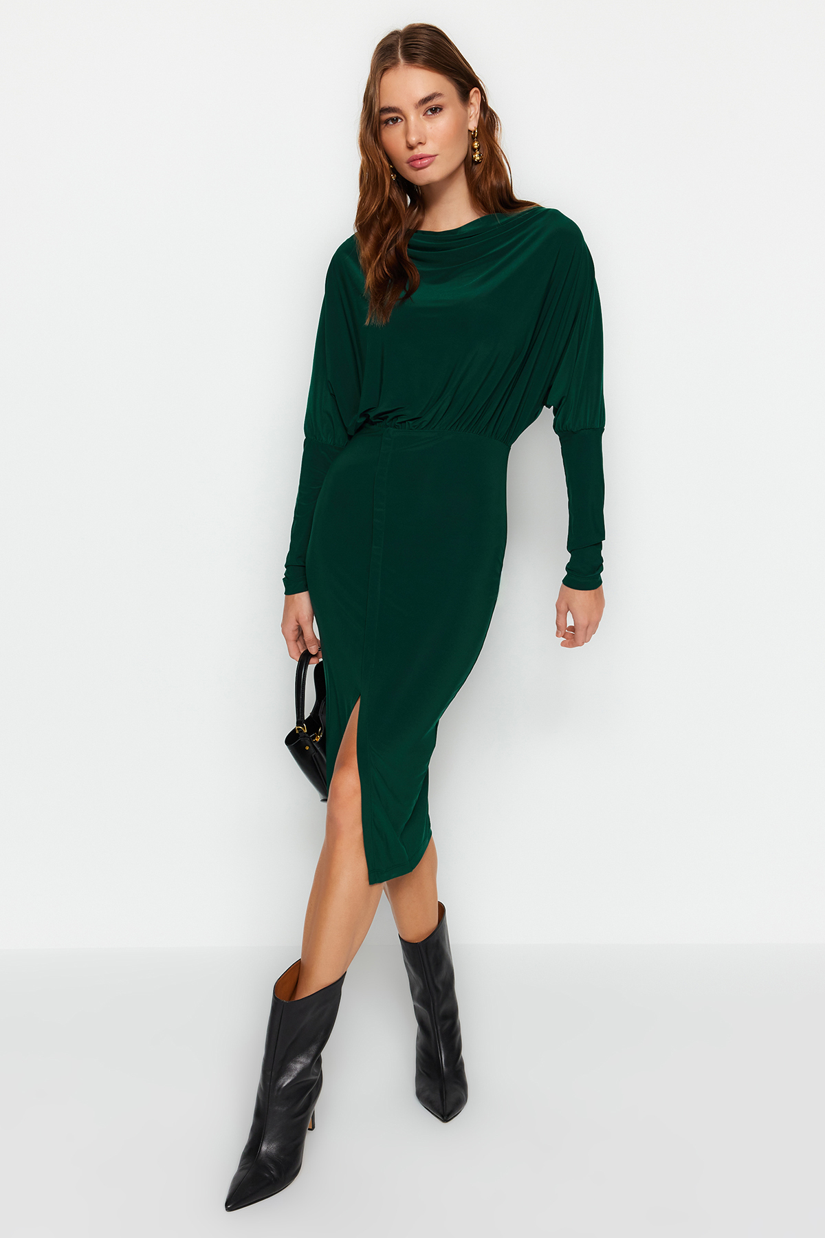 Trendyol Emerald Green Clad Collar A-Line / A-Line Formal Midi Stretch Knit Dress with a Slit