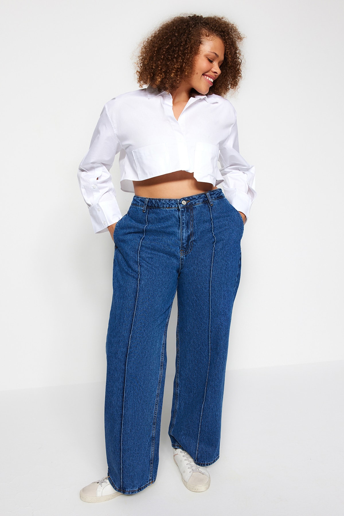 Trendyol Plus Size Dark Blue High Waist Ribbed Wide Cut Jeans