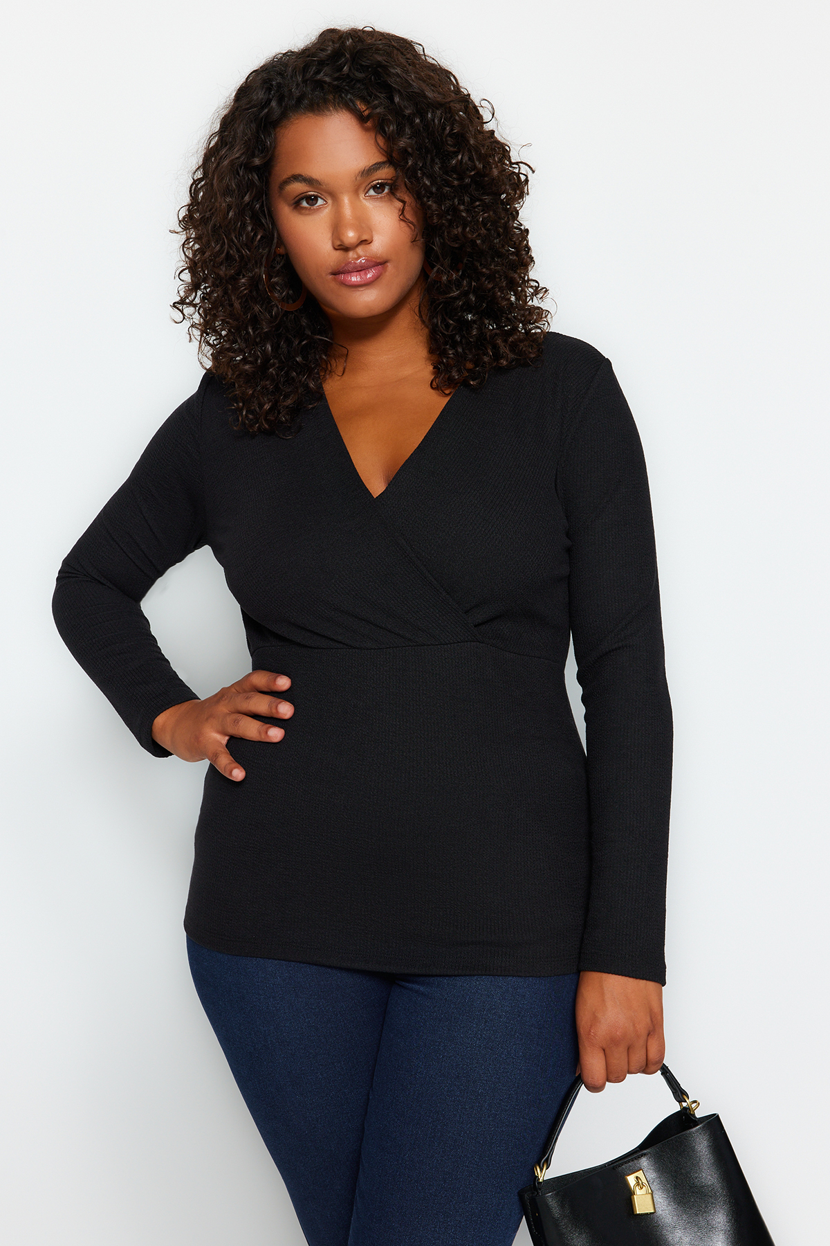 Trendyol Plus Size Black Double-breasted Crimson Knitted Blouse