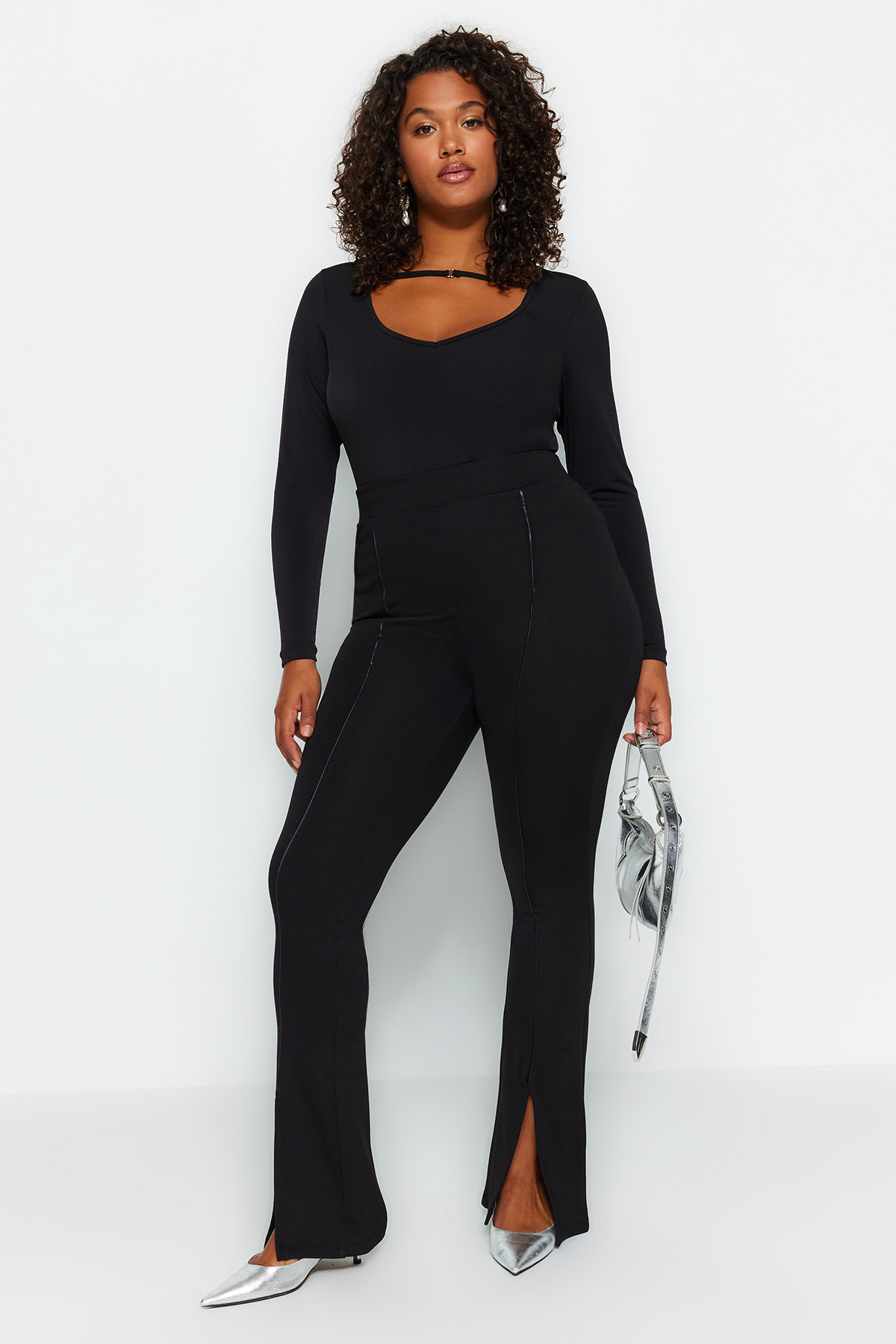 Trendyol Plus Size Black Knitted Leggings with Rib Stitch Detail and Slit