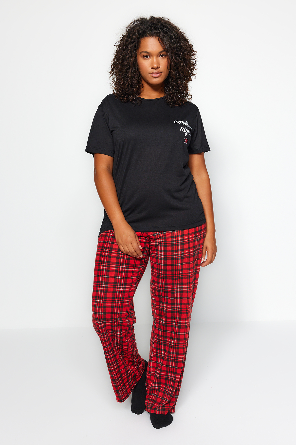 Trendyol Plus Size Black Printed Plaid Flannel Woven Pajamas Set