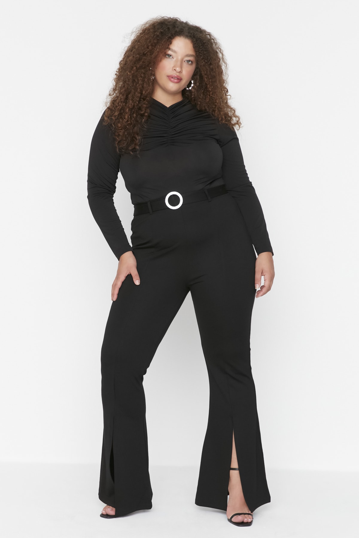 Trendyol Plus Size Black Belted Spanish Legs Knitted High Waist Legs With Slits Detailed Leggings Trousers