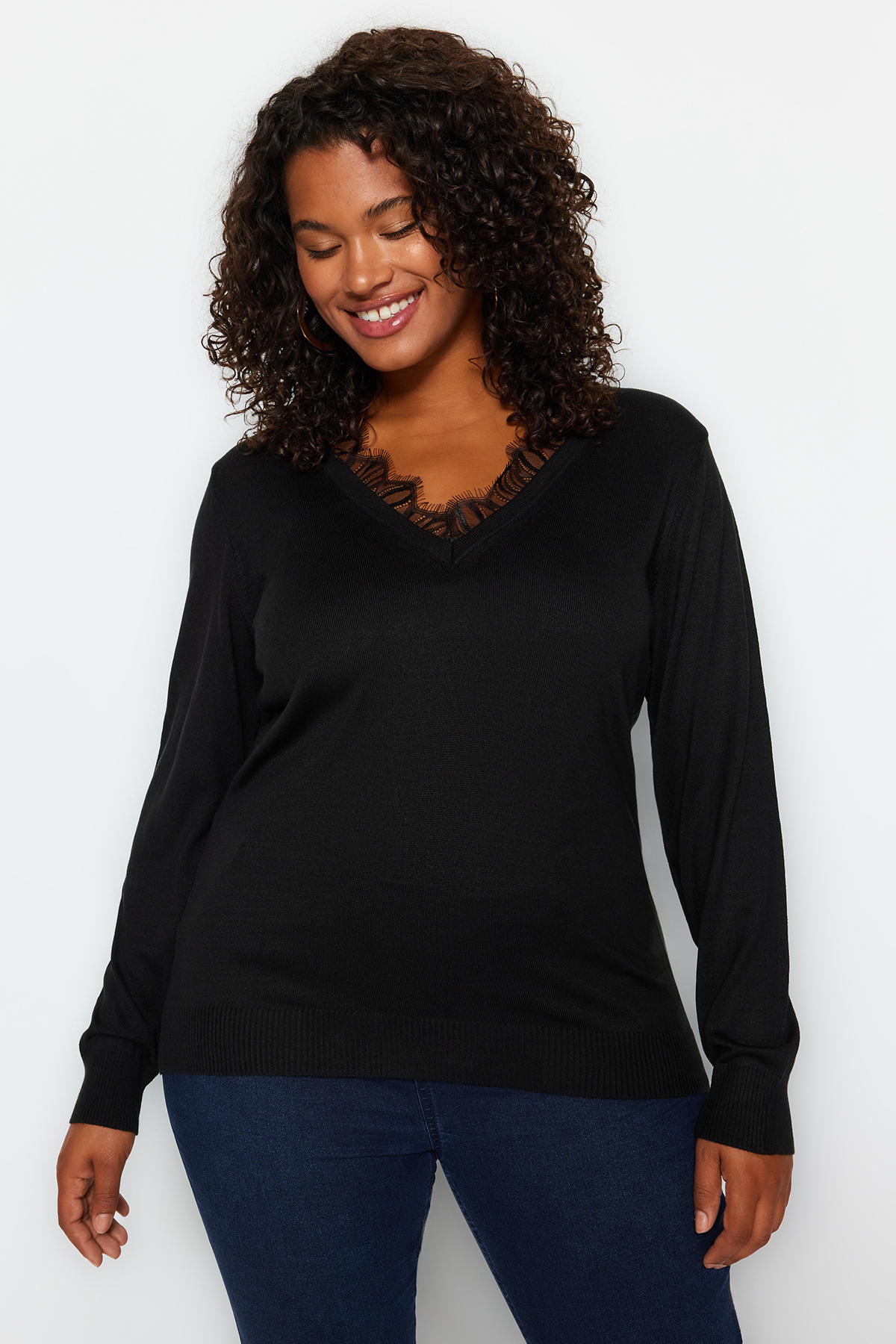 Trendyol Plus Size Black Lace Detailed Knitwear Sweater
