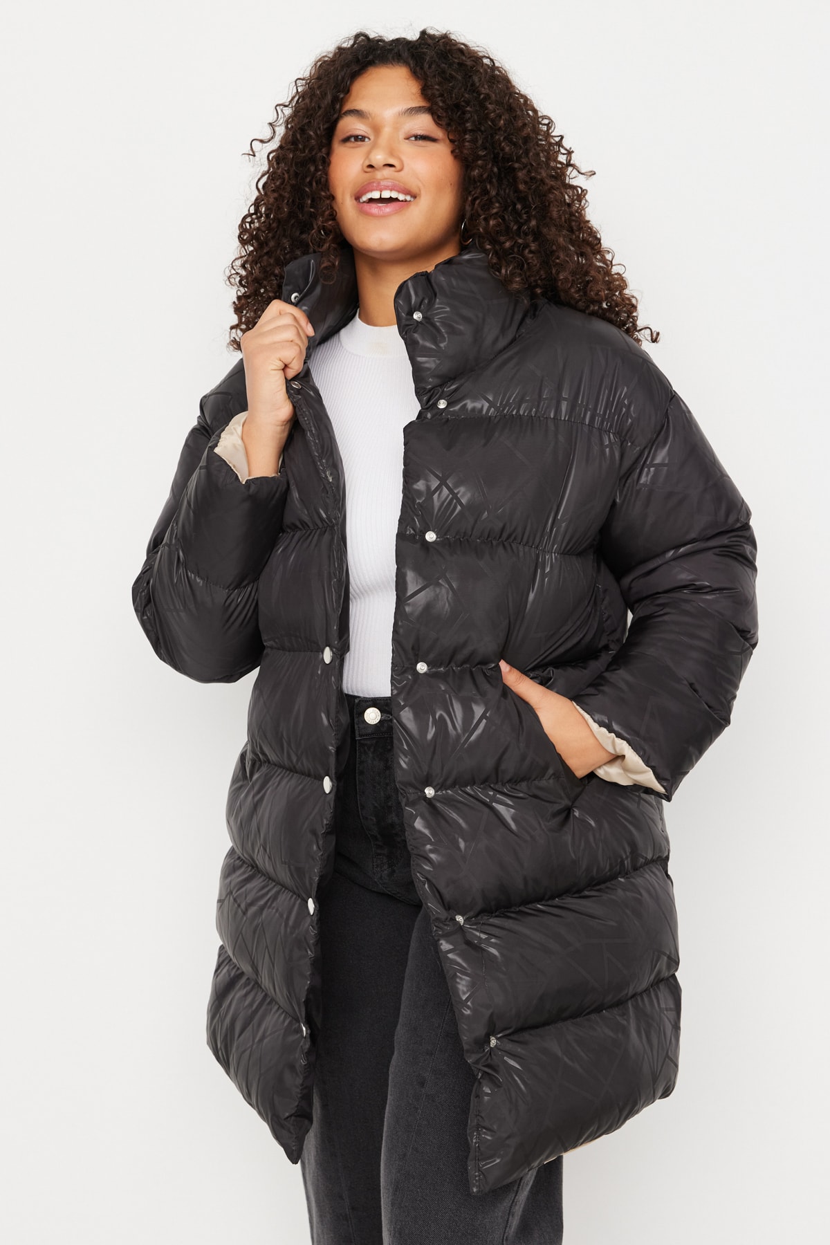 Trendyol Plus Size Black Stand Up Collar Printed Down Jacket