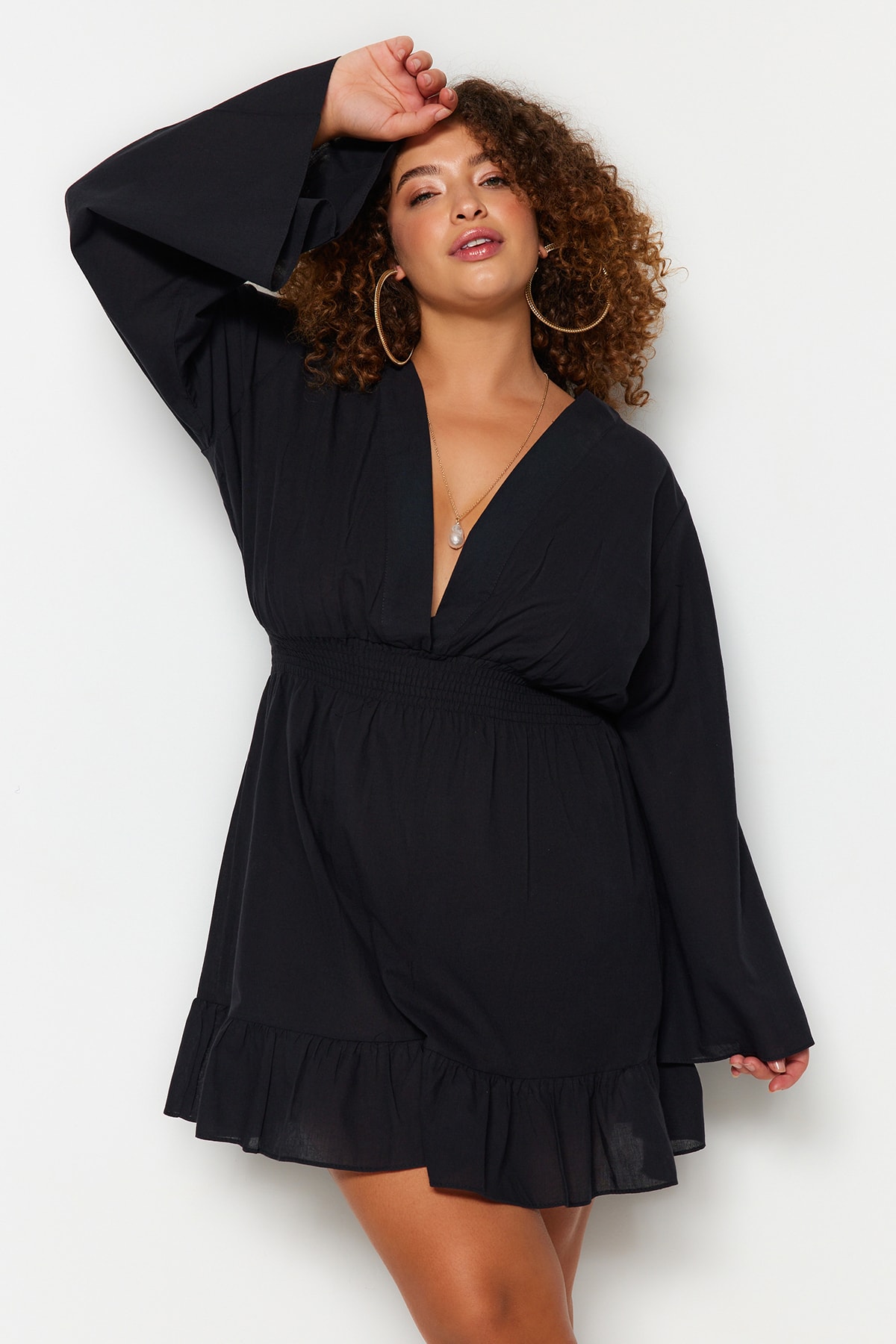 Trendyol Plus Size Black Woven Beach Dress with Double Breasted Collar