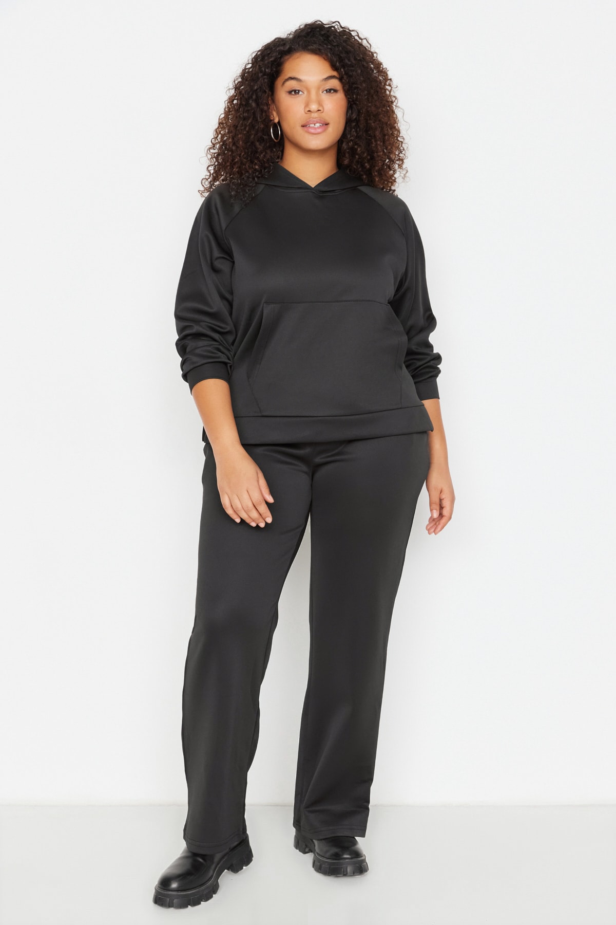 Trendyol Plus Size Black Scuba Knitted Top and Bottom Set